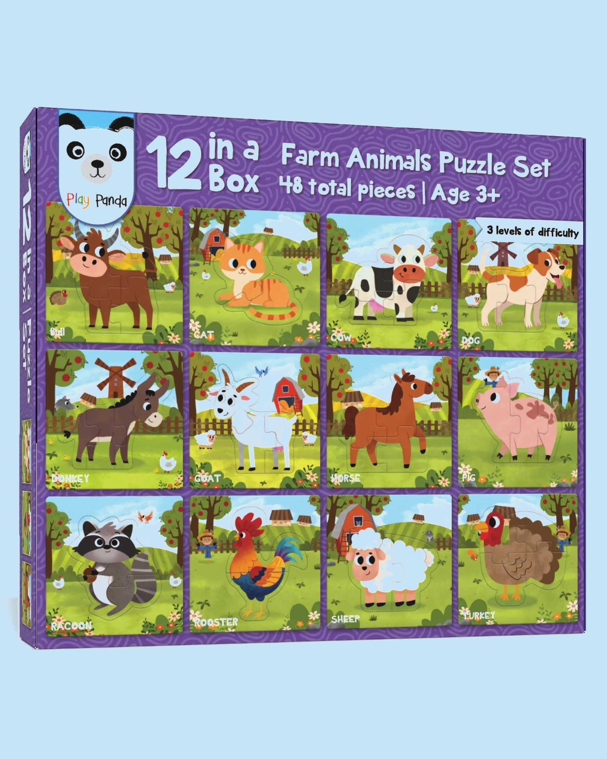 Play Panda 12-in-1 Farm Animals Puzzle Set for Kids, Preschool Educational Brain Development Activity Box - 48 Pieces