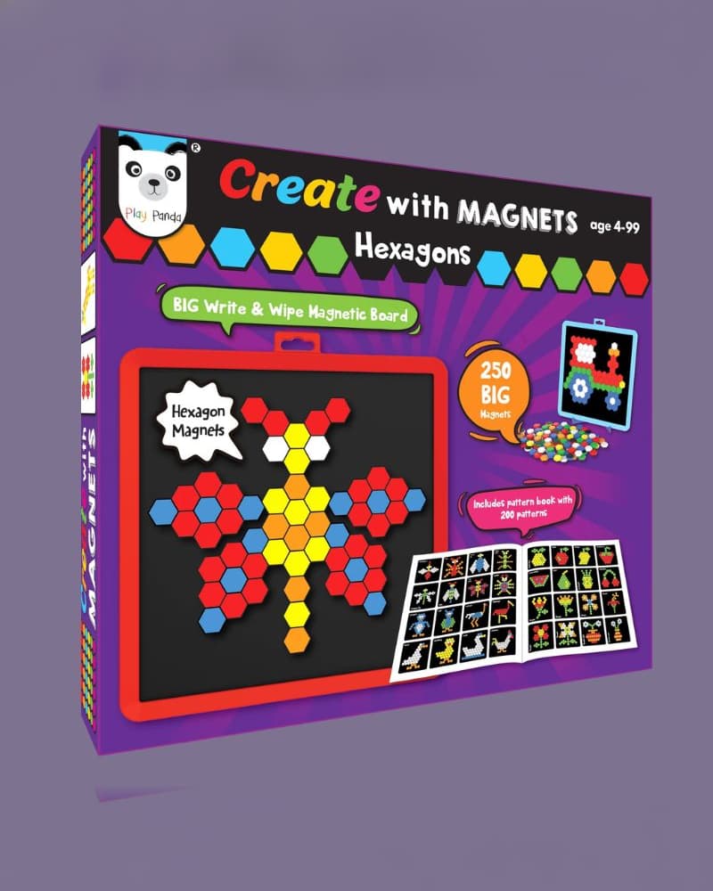 Play Panda Create with Magnets Hexagons 250 Colorful Magnetic Puzzle Set, Educational STEM Learning Toy