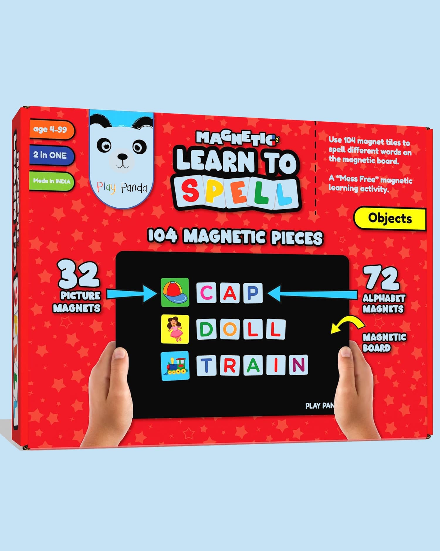 Play Panda Magnetic Learn to Spell Objects with 104 Tiles, Educational Spelling Board Game for Kids