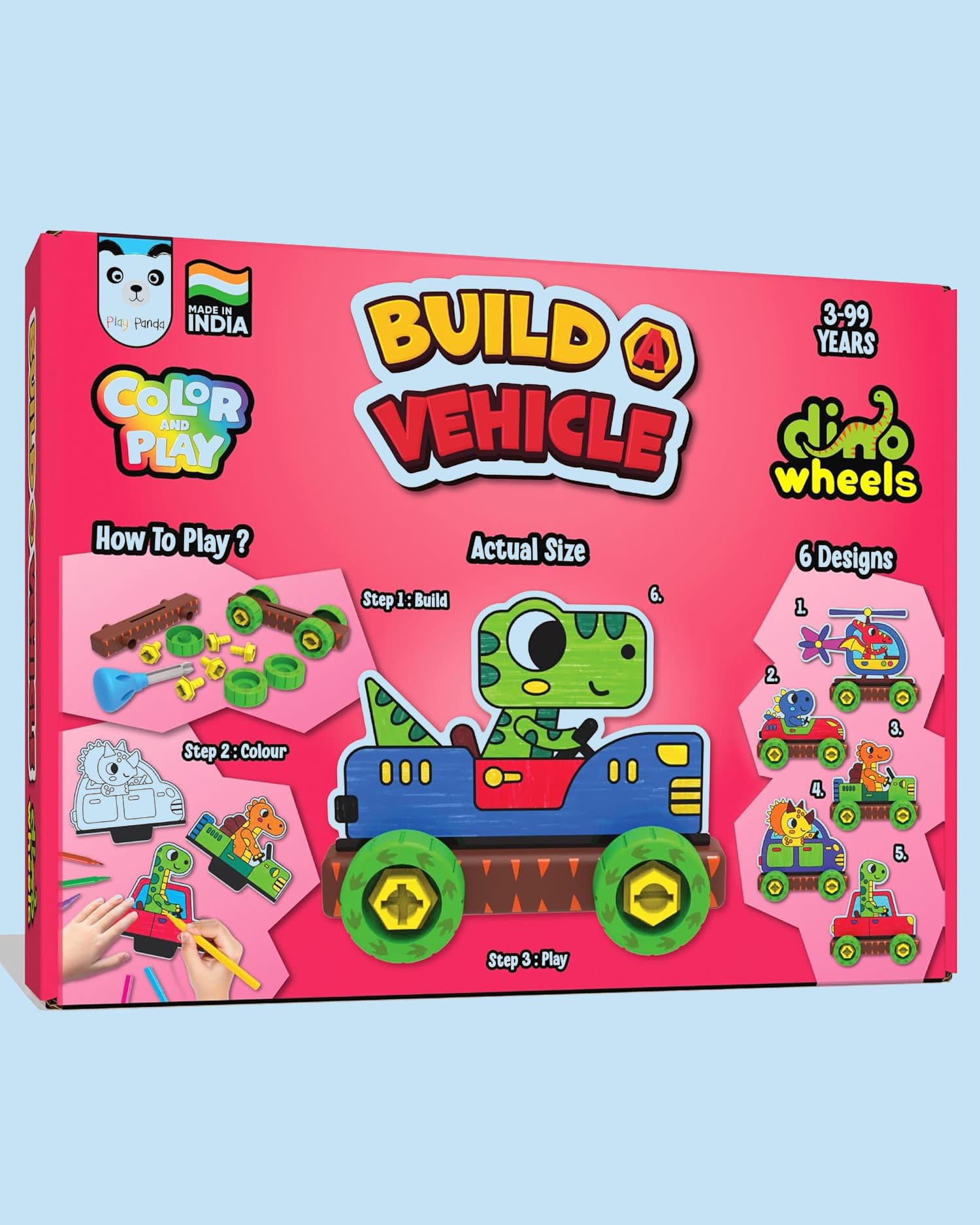 Play Panda Dino Wheels Build & Colour Activity Kit with 21 Parts, 12 Sketch Pens & 6 Design Sheets for Kids 3+