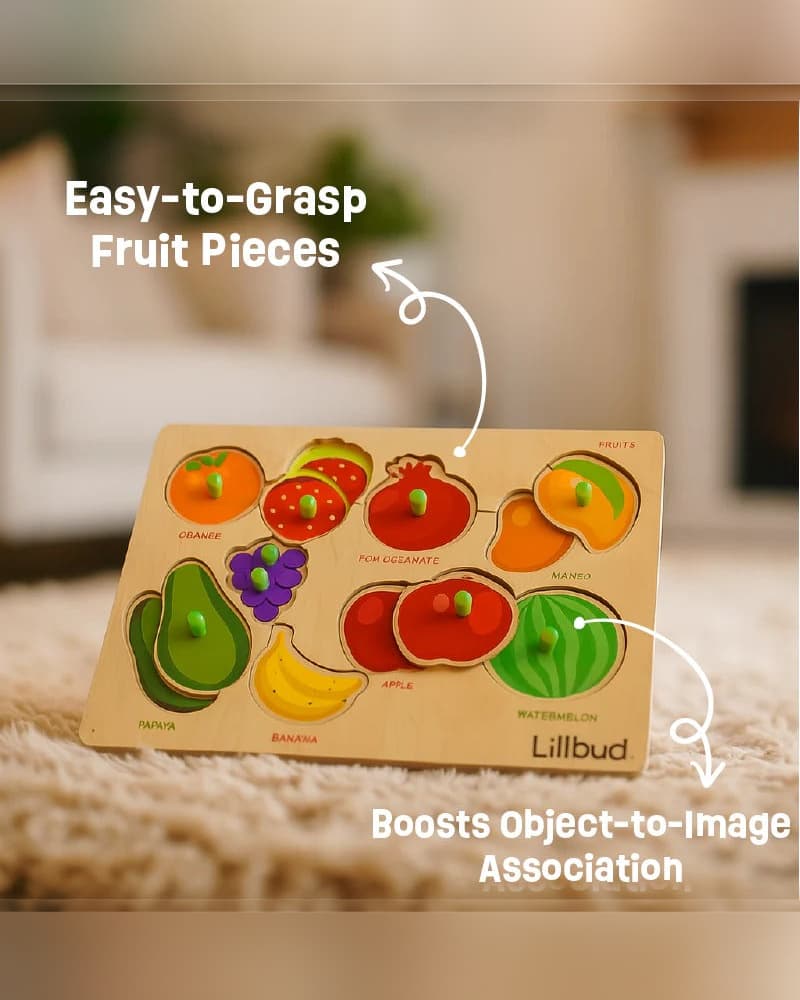 LilBud Fruit Puzzle – Wooden Learning Puzzle for Toddlers | Fruits, Colours & Shapes Recognition