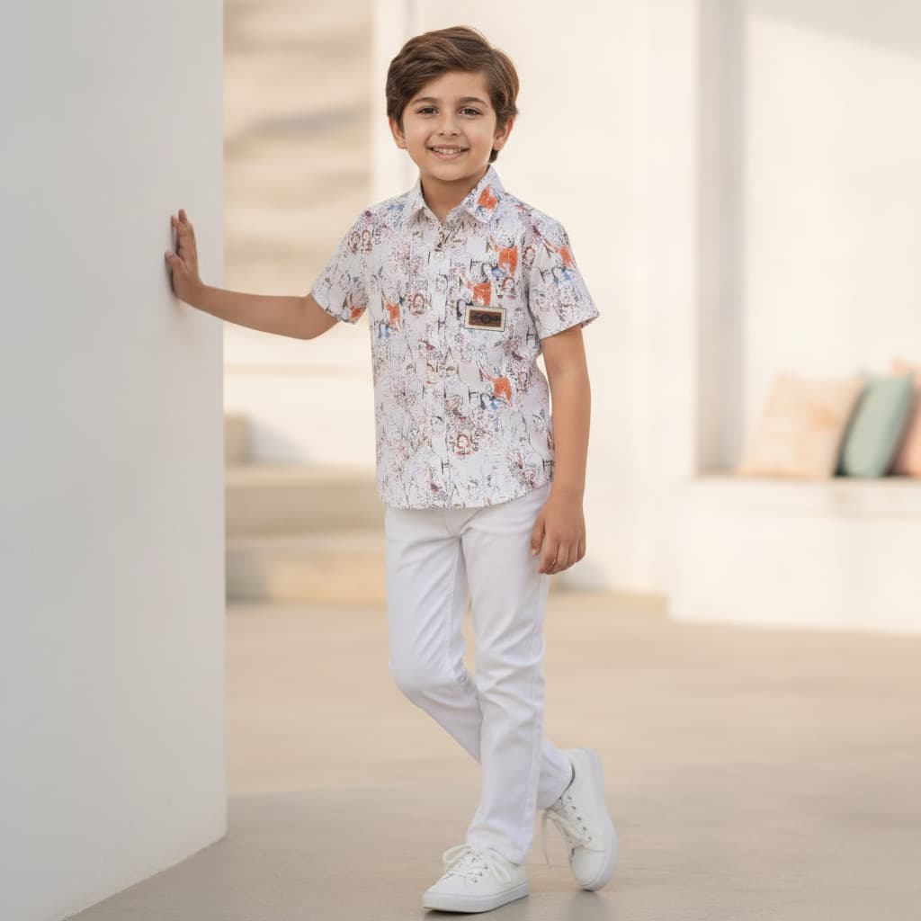 Novelle Chicos Boys Multi Color Printed Casual Shirt with Polo Neck for Summer