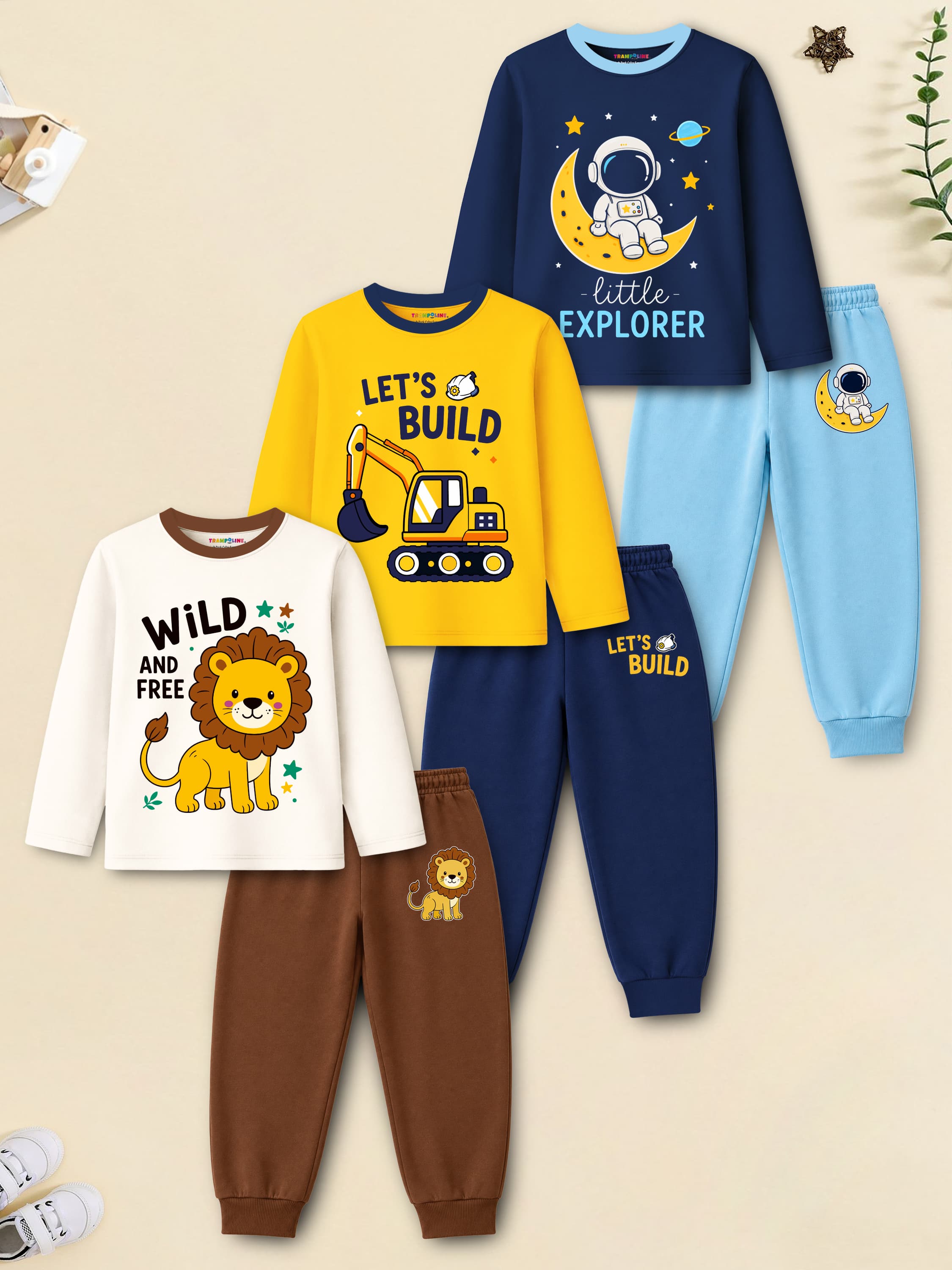Trampoline Boys Multi Color Casual T-shirt & Joggers Set - WILD AND FREE, LET'S BUILD, LET'S BUILD, - little - EXPLORER