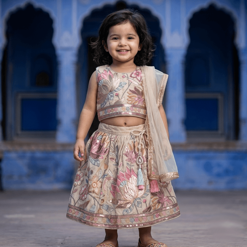 Little by Little Girls Multicolor Georgette Lehenga Choli Set | Singlet Sleeves | Round Neck | Back Zipper | Full-Length Lehenga | Elasticated Waist | Regular Fit | All-Season Partywear