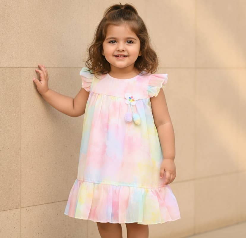Mathudi Girls Multicolor Cotton One-Piece Frock | Short Sleeves Round Neck Back-Zip Formal Partywear Dress