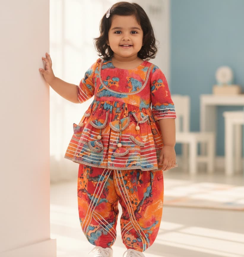 Novelle Heritage Multi Color Cotton Kurti & Salwar/Patiala Set for Girls - Formal/Partywear, All Season, Half Sleeves, Round Neck, Full Length Dhoti