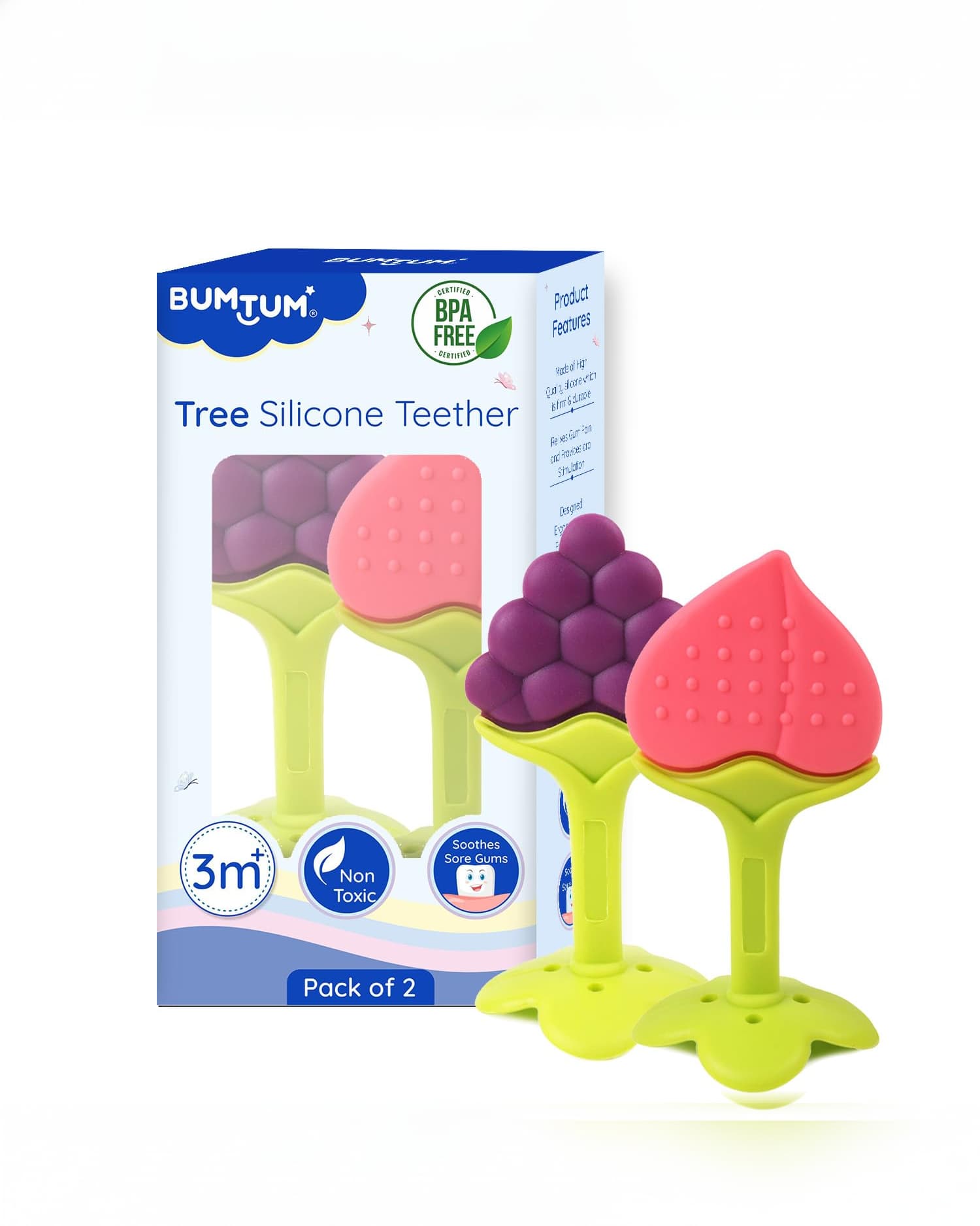 BUMTUM Soft Silicone Baby Teether for 6–12 Months, BPA-Free Tree Shape, 2pcs Teething Toys
