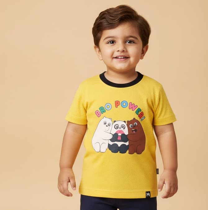 Minute Mirth Boys' Yellow Cotton Half Sleeve T-Shirt with "Bro Power" Print for All Season Casual and Outdoor Wear