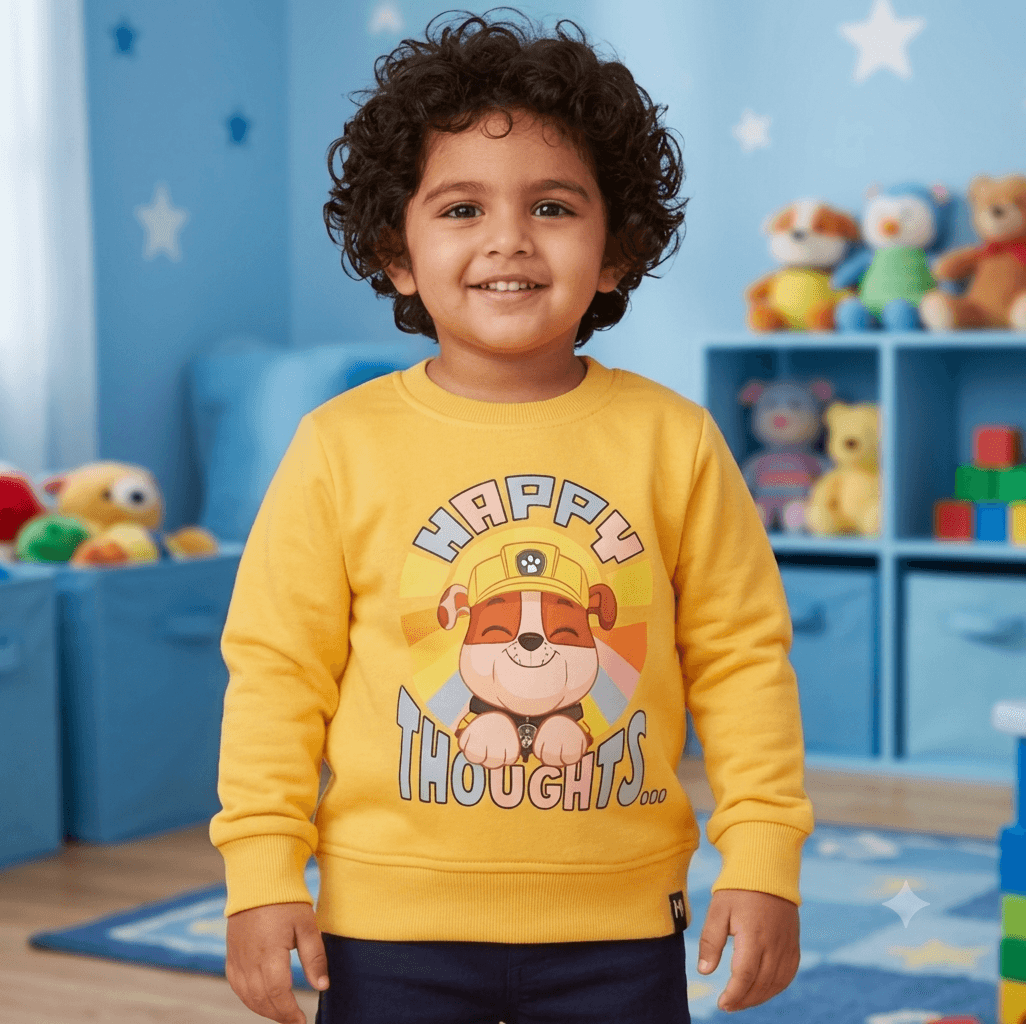 Minute Mirth Yellow Cotton Sweatshirt for Boys with Happy Thoughts Print - Full Sleeves, Round Neck, All Season Casual Wear