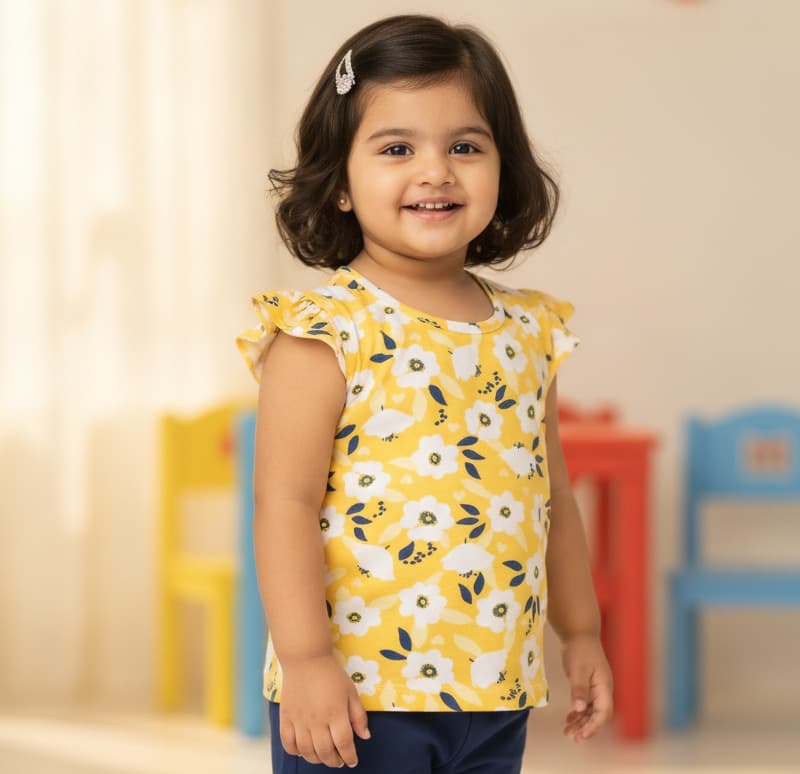 Tinyo Girls Yellow Cotton Casual Top | Short Sleeves Round Neck | Back Button Closure | Casual & Daily Wear | All Season