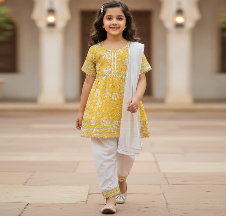 Cuddly Cubs Girls Yellow Cotton Kurti & Churidar Set | Half Sleeves Round Neck | Slip-On Closure | Full Length Churidar | Mid Rise | Regular Fit | Casual & Partywear