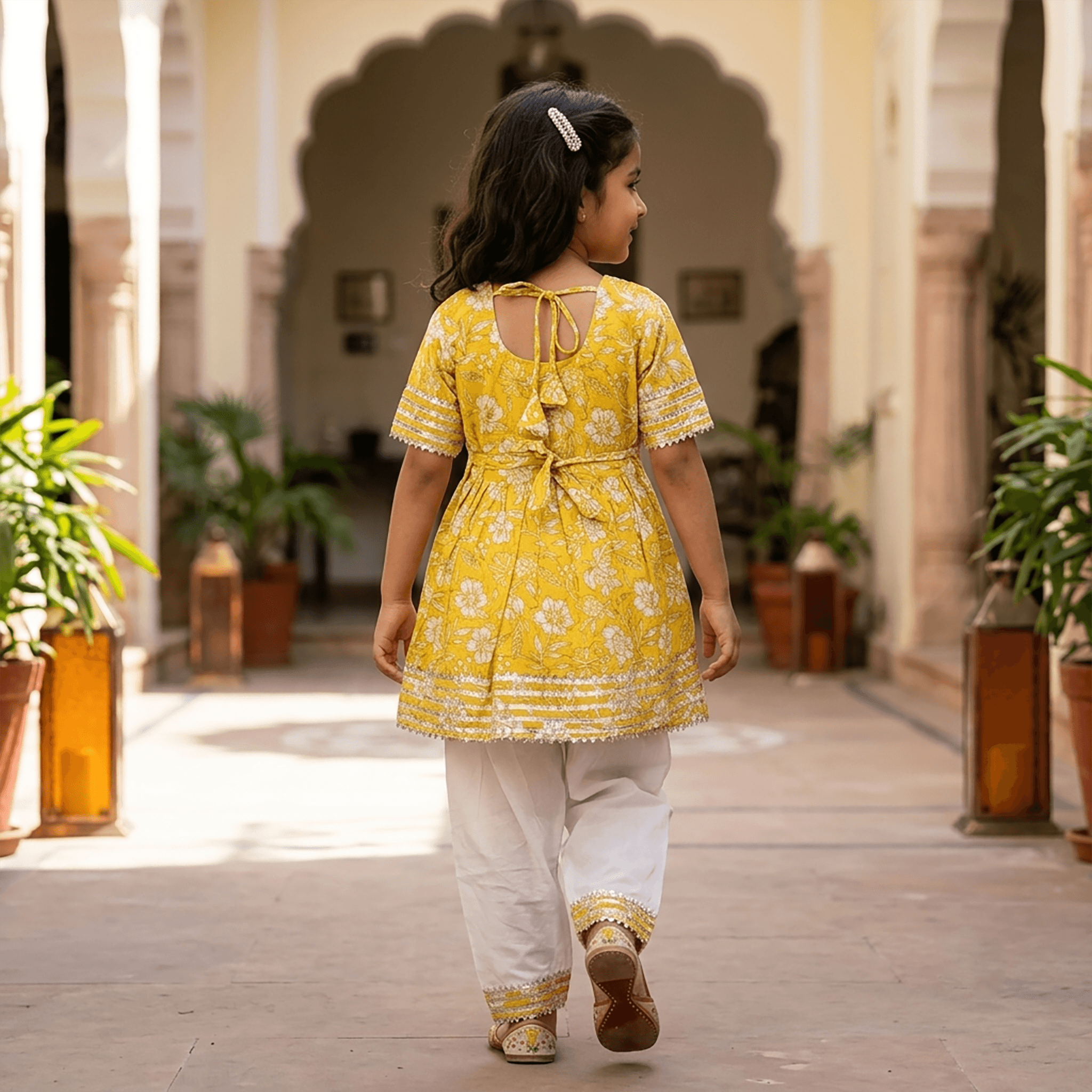 Cuddly Cubs Girls Yellow Cotton Kurti & Churidar Set | Half Sleeves Round Neck | Slip-On Closure | Full Length Churidar | Mid Rise | Regular Fit | Casual & Partywear