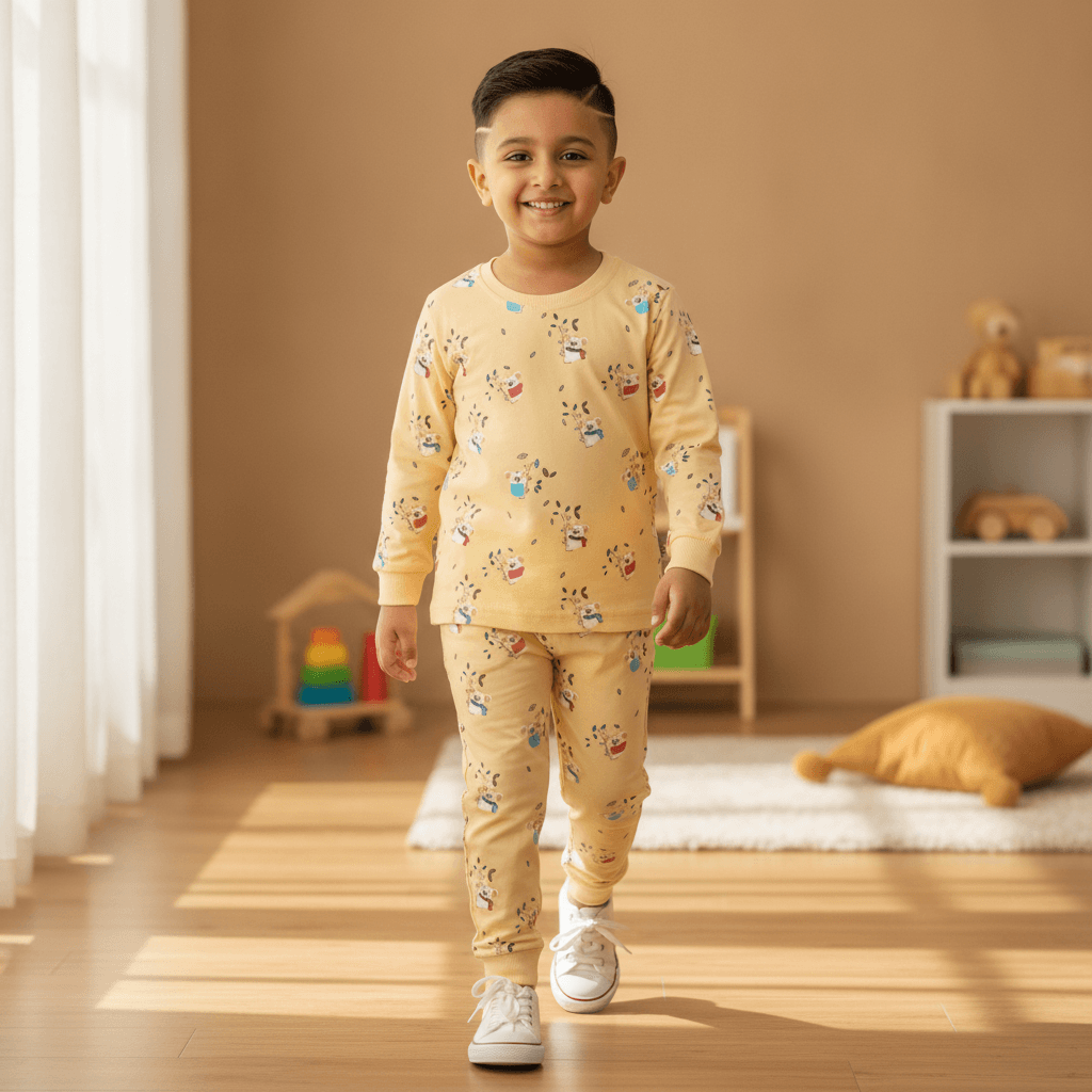 Hazelnuts Unisex Yellow Full Sleeve T-shirt & Joggers Set for Casual All Season Wear