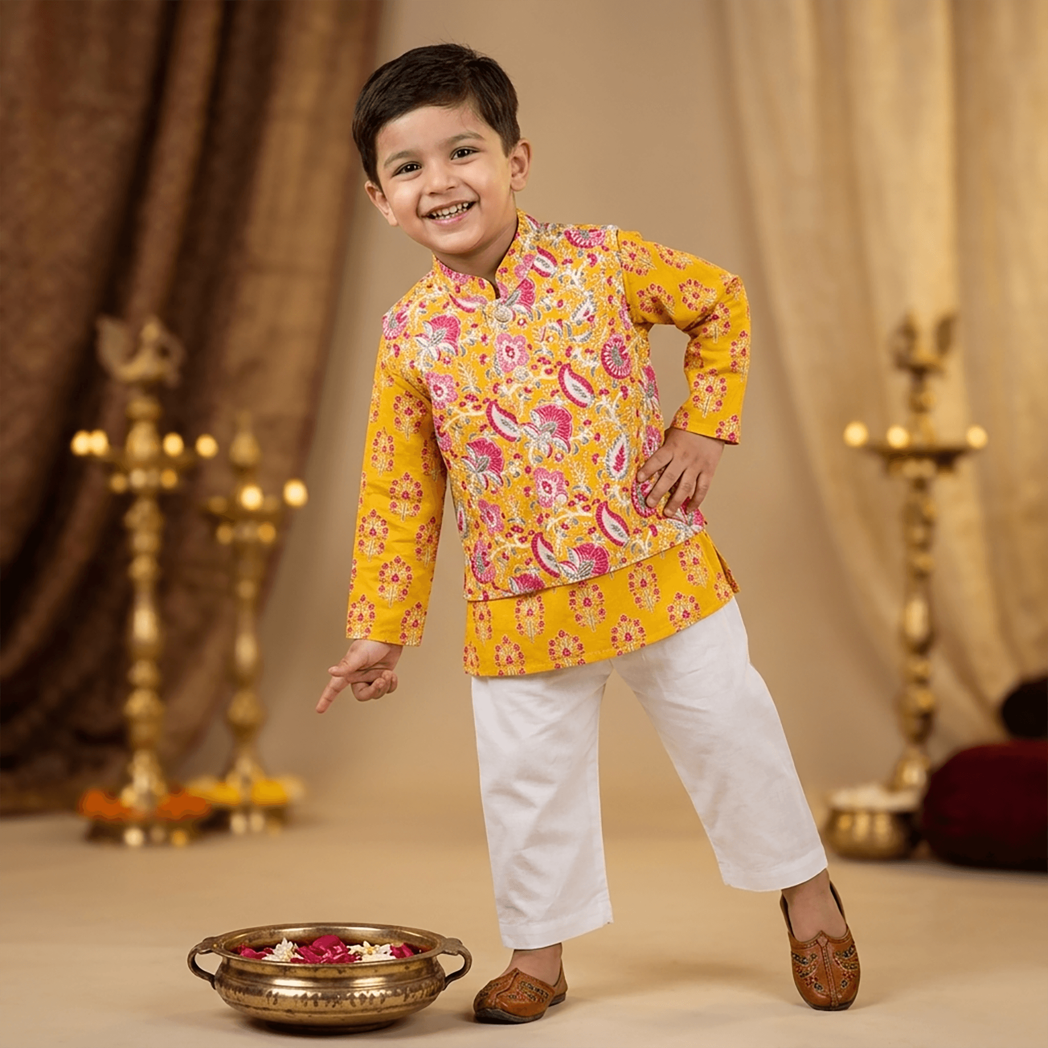 Novelle Heritage Yellow Cotton Kurta Pyjama & Jacket Set for Boys - Full Sleeves, Mandarin Collar, Formal/Partywear, All Season