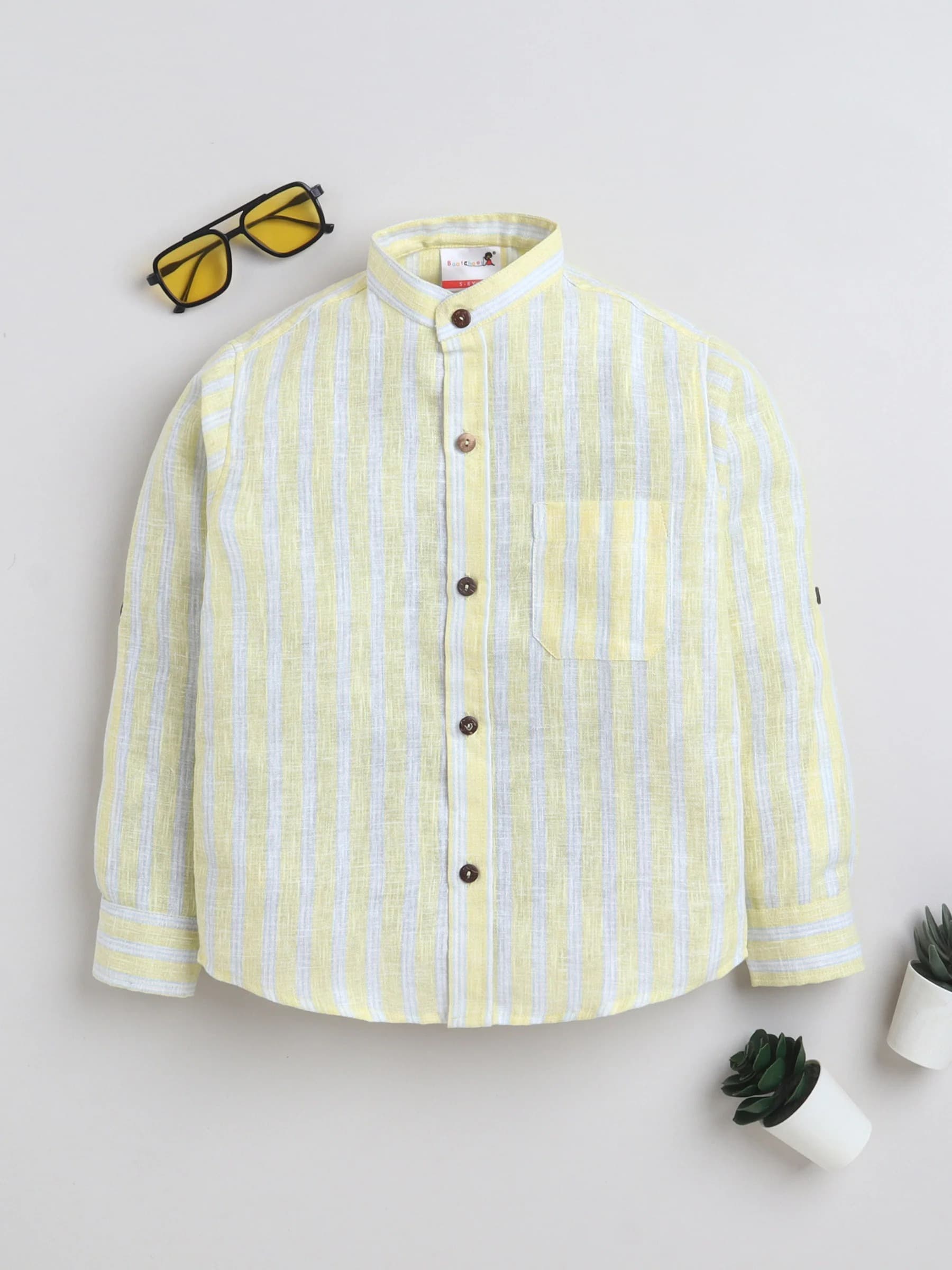 Baatcheet Boys Yellow Striped Cotton Shirt with Full Sleeves and Mandarin Collar for Casual All Season Wear