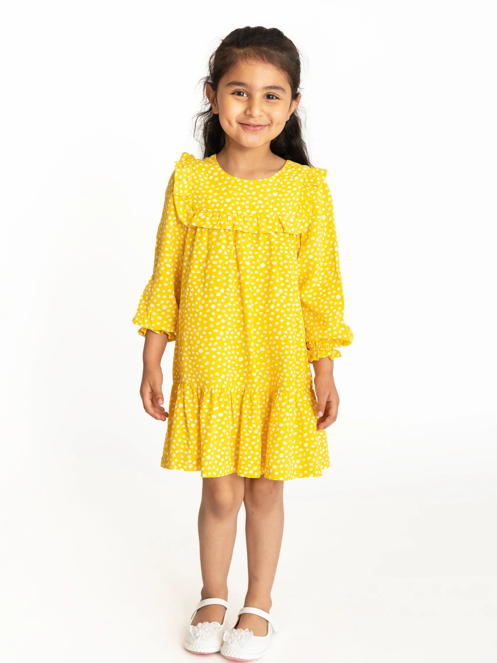 Campana Kids Girls' Yellow Cotton One-Piece Dress – Full-Sleeve Round-Neck Frock with Back Button Closure, Machine Washable
