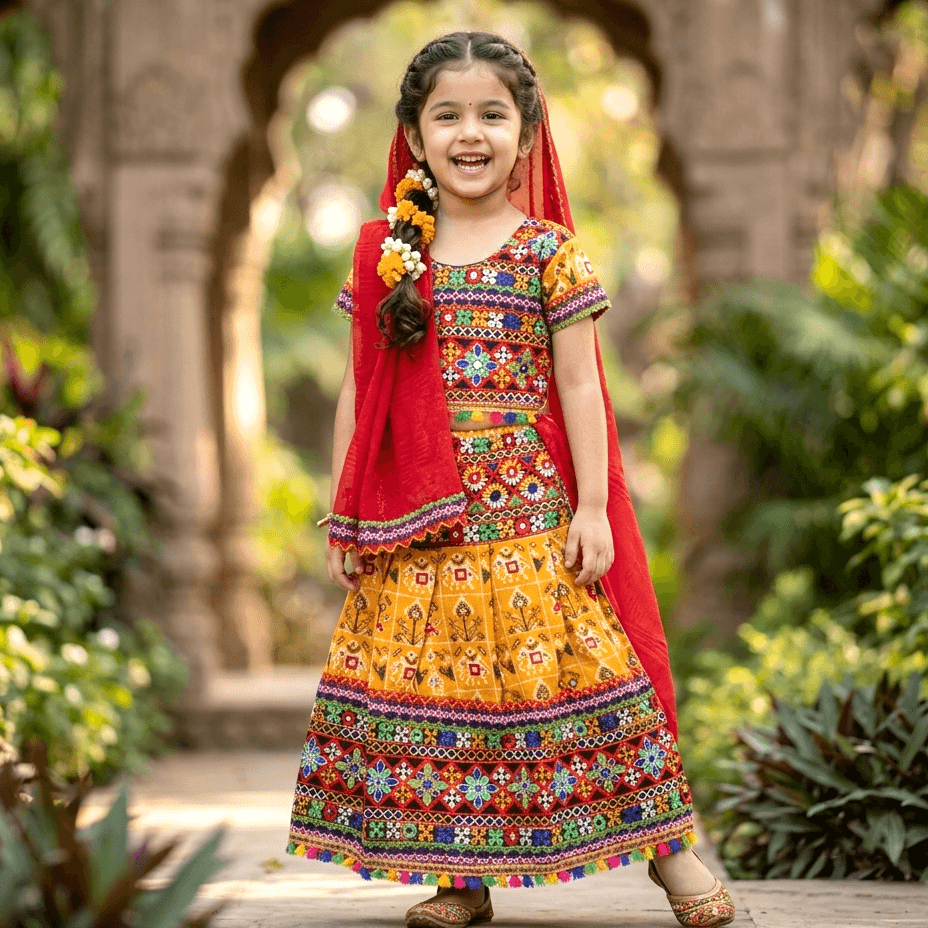 M'Andy Yellow Lehenga Choli for Girls - Cotton Blend, Short Sleeve, Round Neck, Formal/Partywear, All Season
