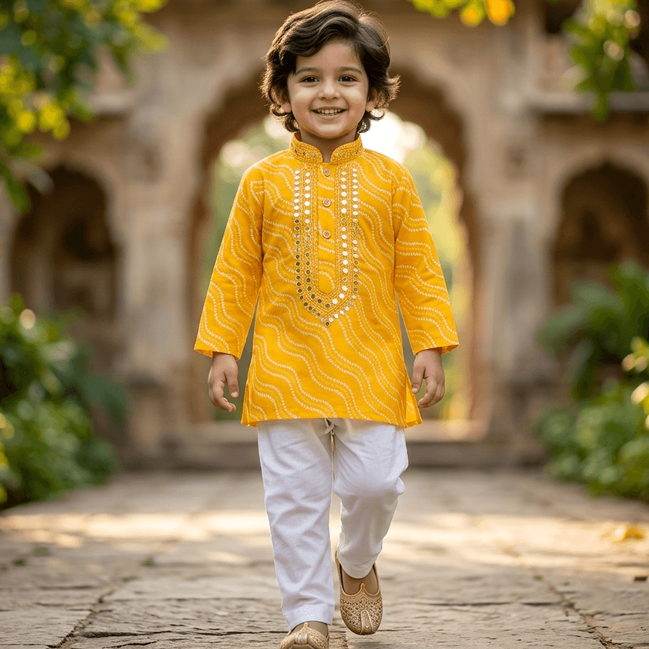 KREATIVE COTTON Boys Yellow Ethnic Wear Kurta Pyjama Set for Formal/Partywear All Season