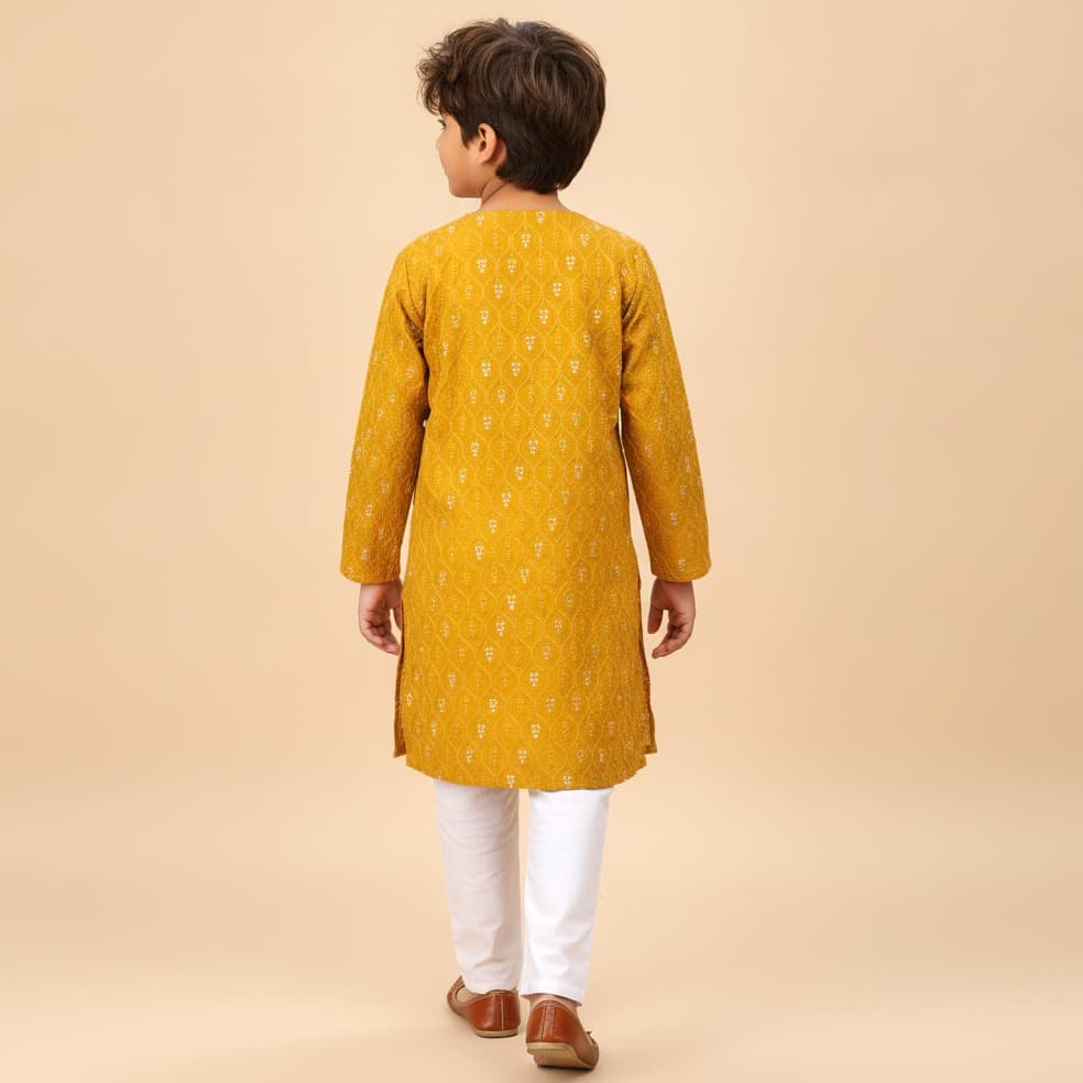 Hathom Yellow Cotton Kurta Pyjama Set for Boys - Full Sleeves, Mandarin Collar, Formal/Partywear, All Season