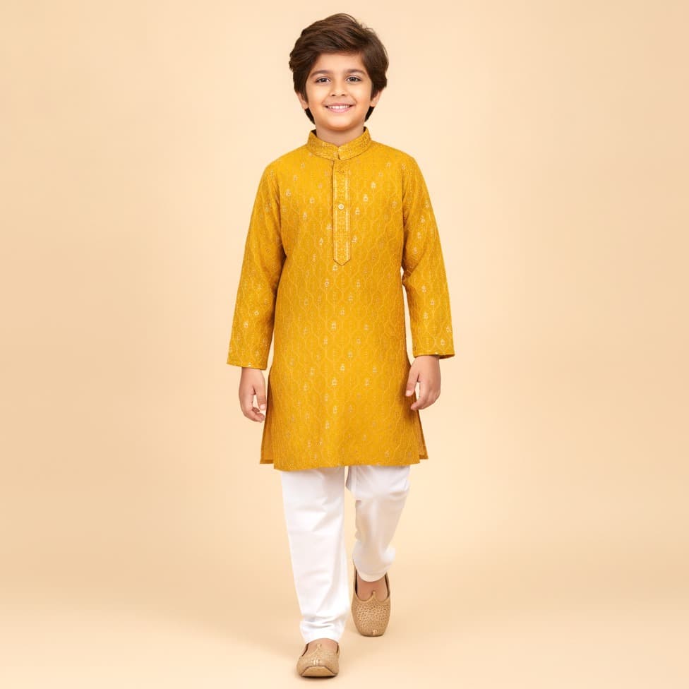 Hathom Yellow Cotton Kurta Pyjama Set for Boys - Full Sleeves, Mandarin Collar, Formal/Partywear, All Season