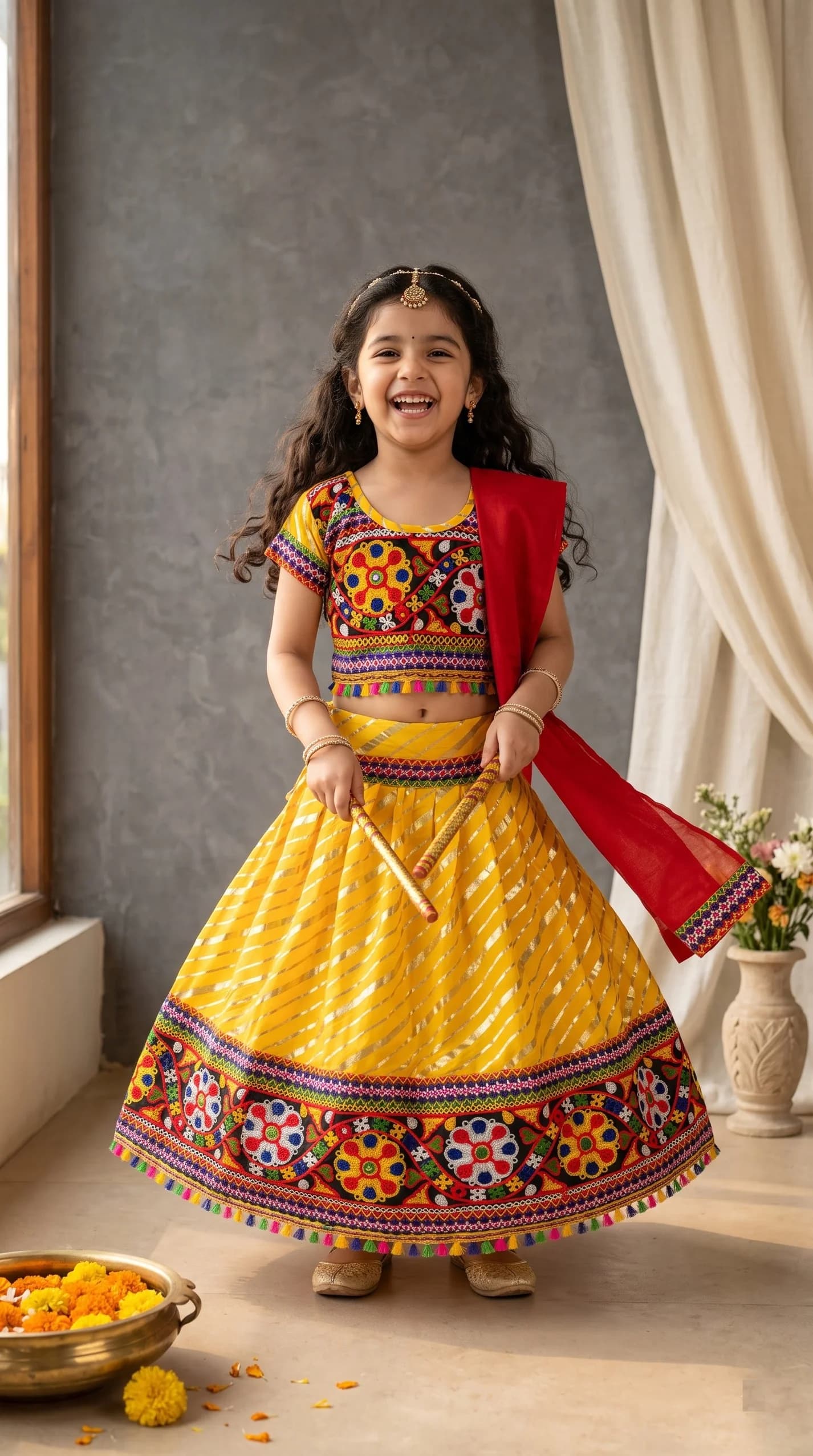 Ahhaaaa Yellow Lehenga Choli for Girls - Ethnic Wear for Formal/Partywear, All Season, Cotton Blend Fabric