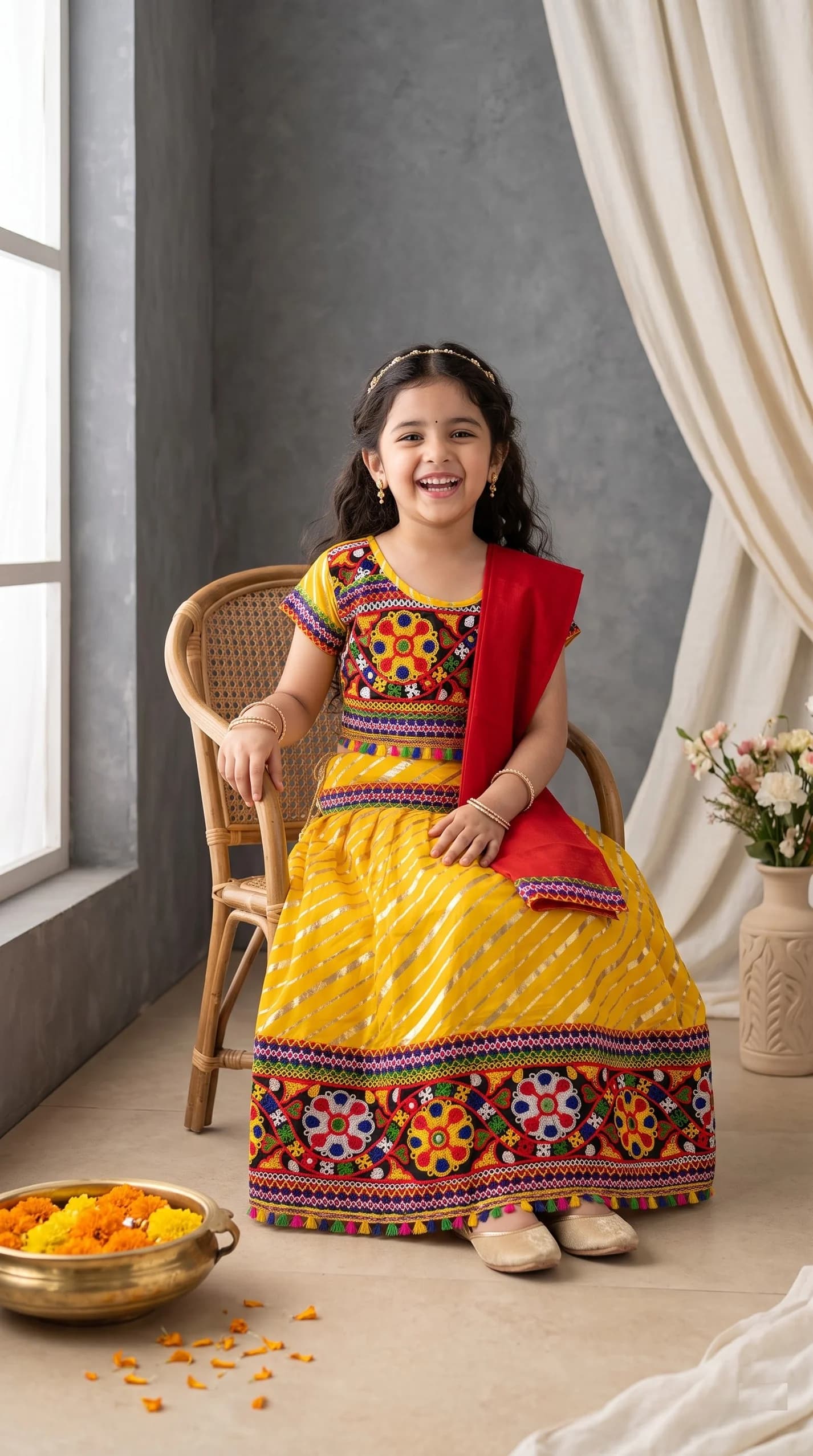 Ahhaaaa Yellow Lehenga Choli for Girls - Ethnic Wear for Formal/Partywear, All Season, Cotton Blend Fabric
