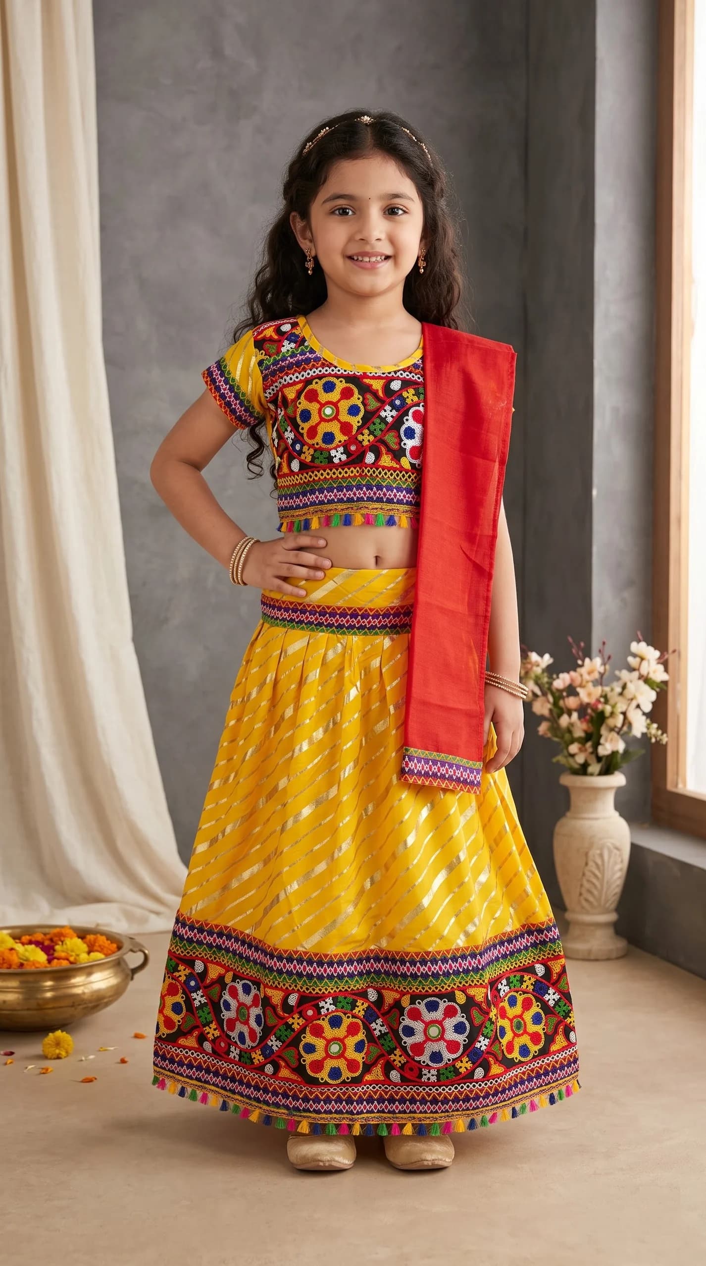 Ahhaaaa Yellow Lehenga Choli for Girls - Ethnic Wear for Formal/Partywear, All Season, Cotton Blend Fabric