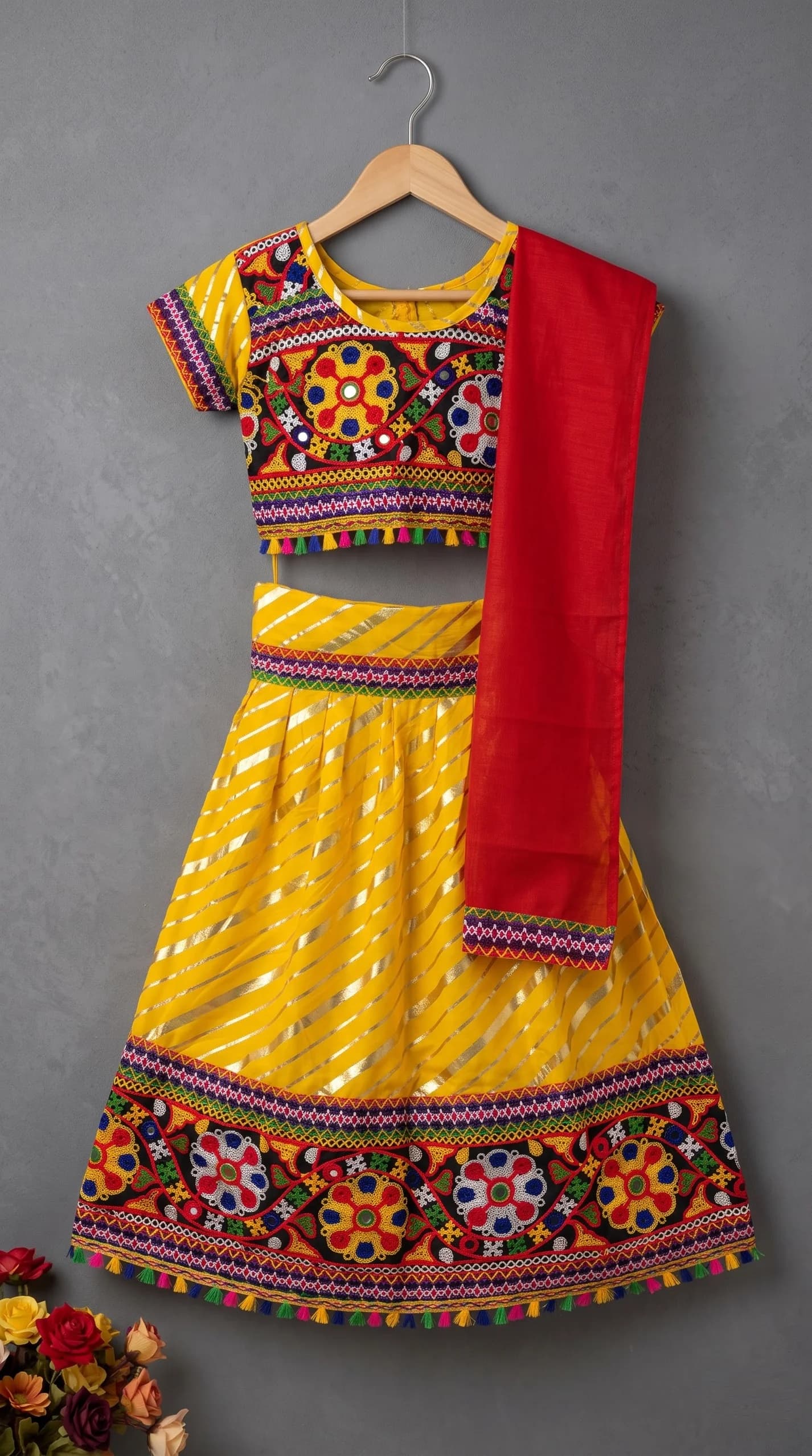 Ahhaaaa Yellow Lehenga Choli for Girls - Ethnic Wear for Formal/Partywear, All Season, Cotton Blend Fabric