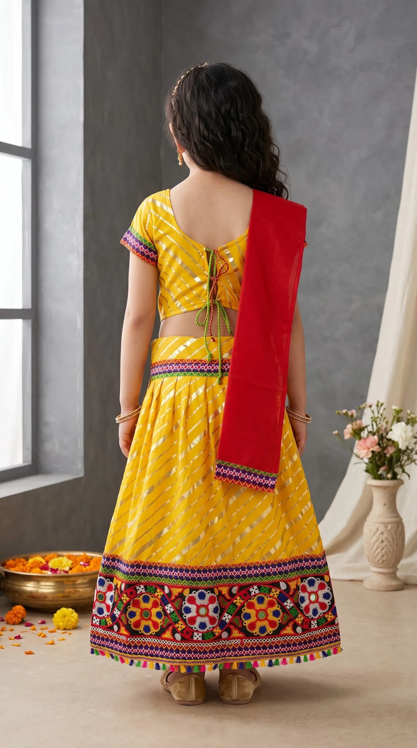 Ahhaaaa Yellow Lehenga Choli for Girls - Ethnic Wear for Formal/Partywear, All Season, Cotton Blend Fabric