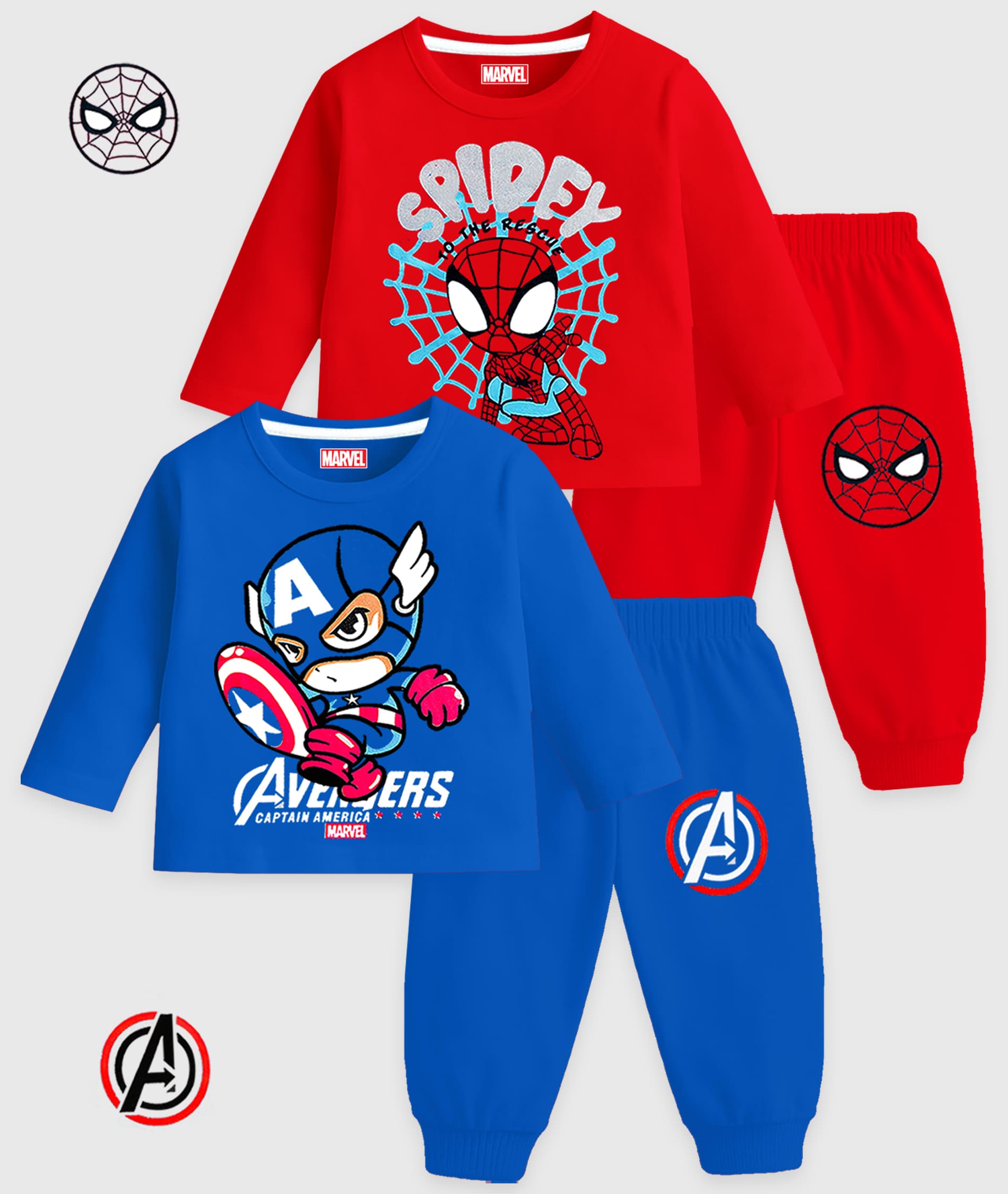 Kuchipoo Boys Casual T-shirt & Joggers Set with SPIDEY TO THE RESCUE and AVENGERS CAPTAIN AMERICA Print in Blue and Red Cotton Blend