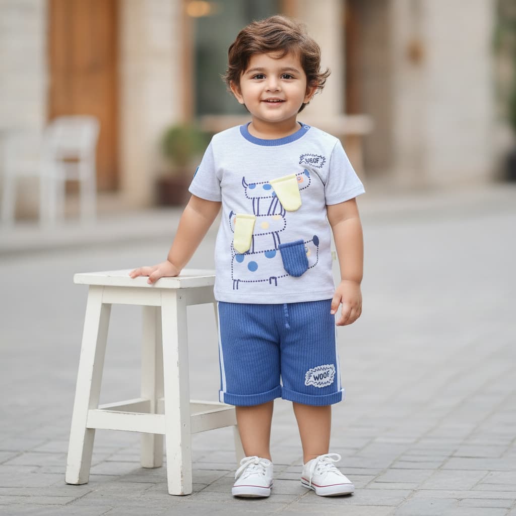 Momslove blue woof printed tshirt with shorts fun boys summer outdoor set