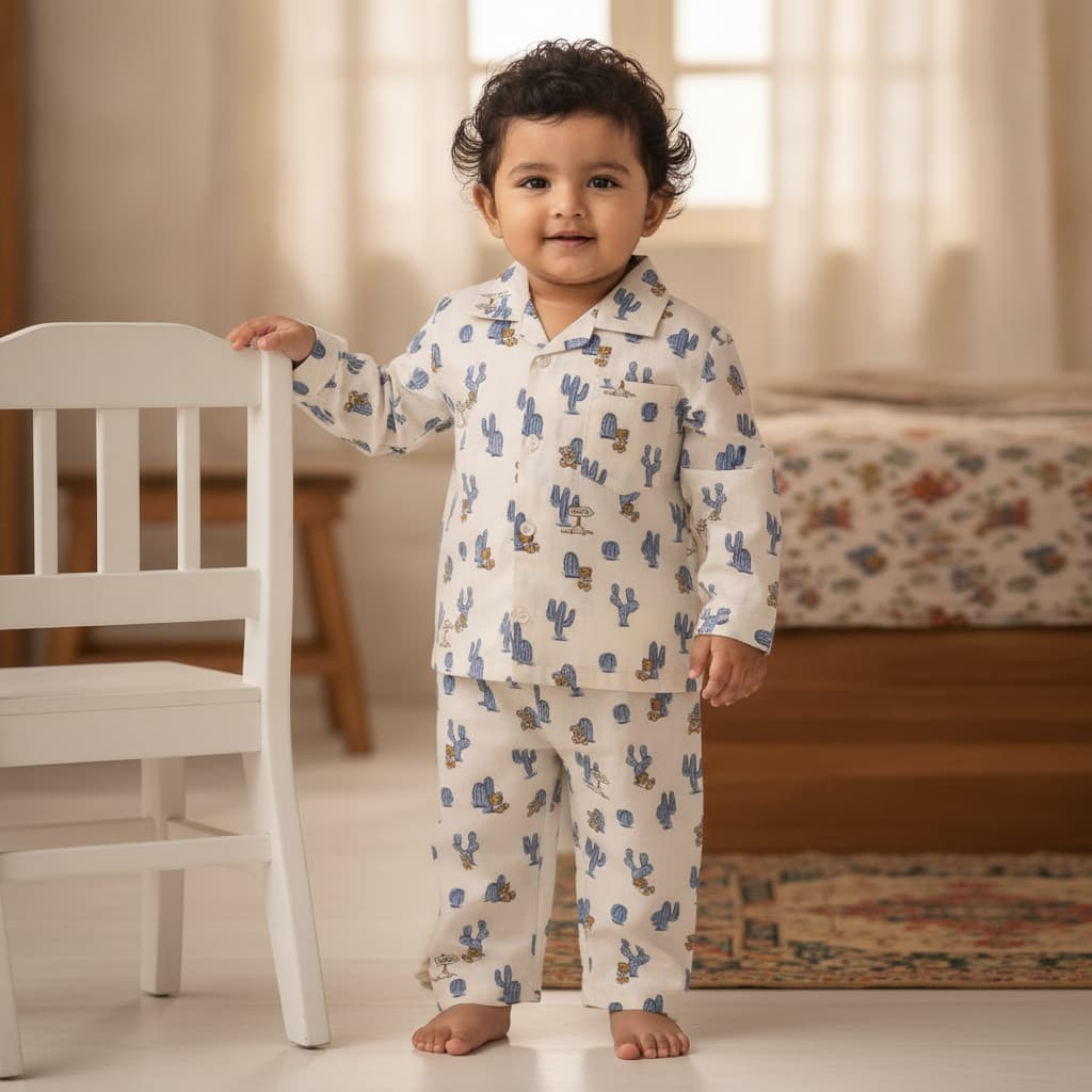 Mini Taurus Boys Blue Printed Cotton Blend Shirt and Pyjama Nightwear Set