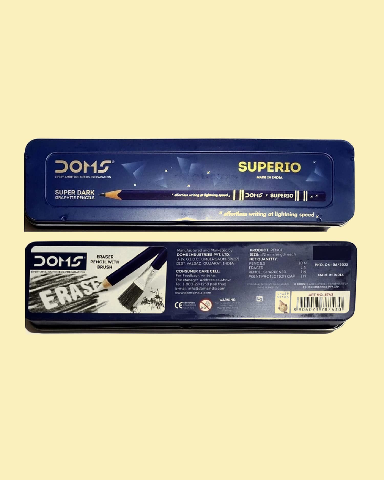 DOMS Superio Super Dark Graphite Pencil with Brush – Tin Box Pack | Smooth Writing & Innovative Grip Groove