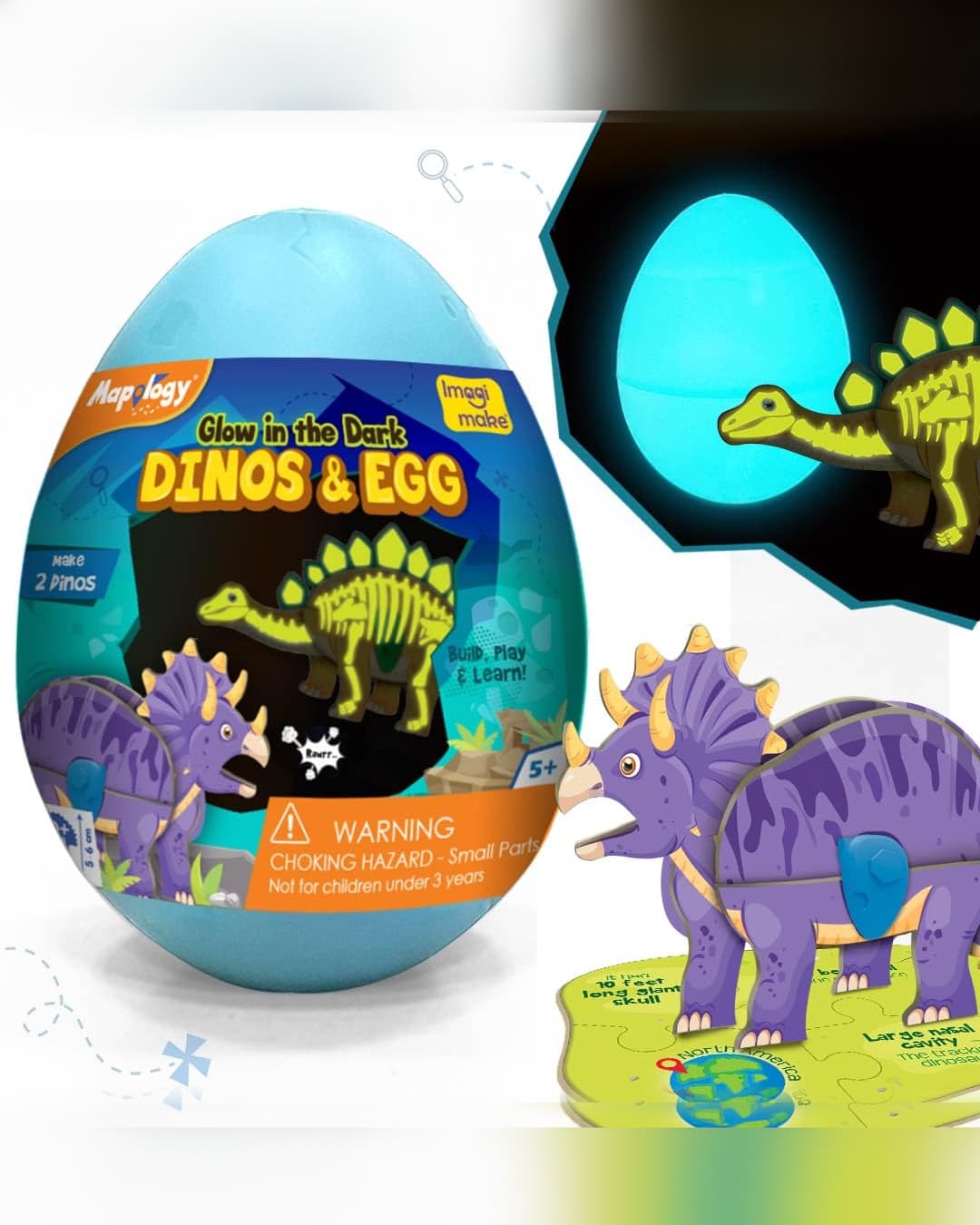 Imagimake Mapology Glow in the Dark Dinos & Egg – 3D Dinosaur Puzzle Toy for Kids | Build, Play & Learn (Blue)