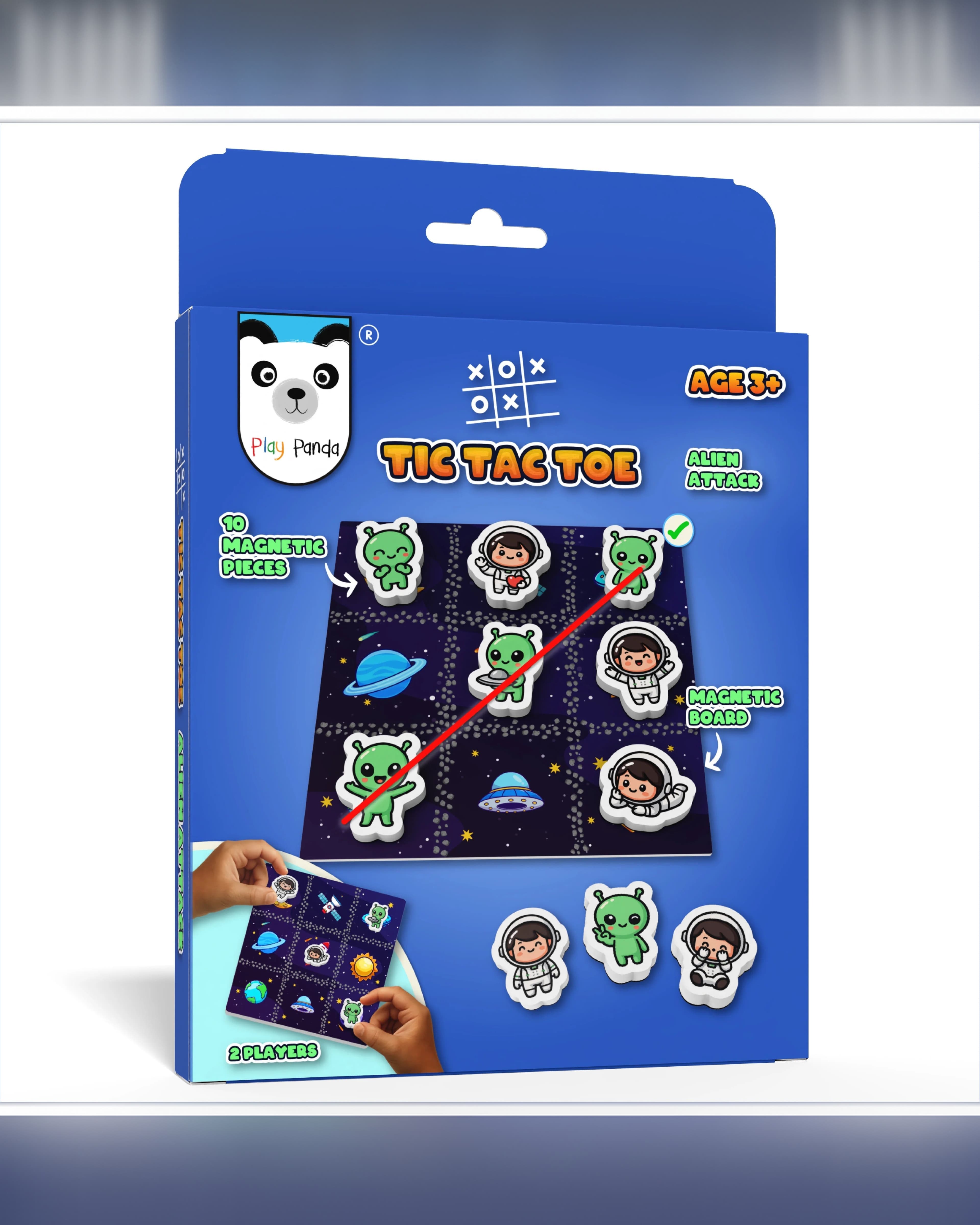 Play Panda Magnetic Tic Tac Toe Alien Attack, Magnetic Tic Tac Toe Board, 10 Magnetic Pieces, Write & Wipe Sketch Pen