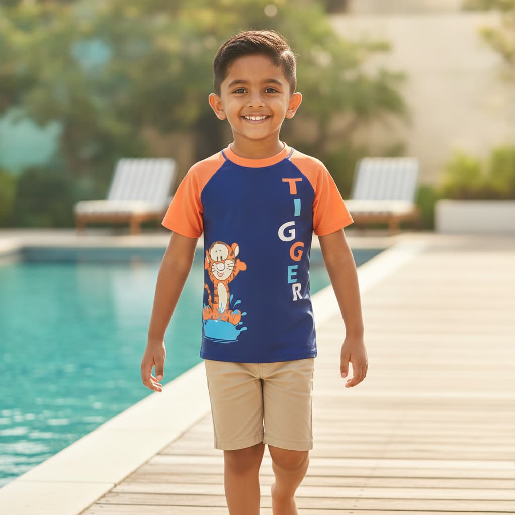 Yellow Bee Boys Blue Legged Swimsuit with Tiger Print | Half Sleeve Swimwear