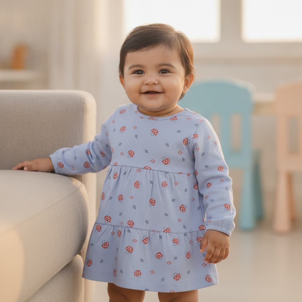 Zero Blue Cotton Full Sleeve One Piece Dress for Girls - Casual All Season Wear