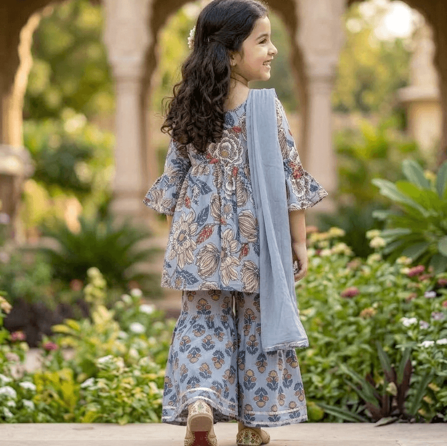 Cuddly Cubs Blue Cotton Kurti & Sharara Set for Girls - Formal/Partywear, All Season, Half Sleeves, Round Neck