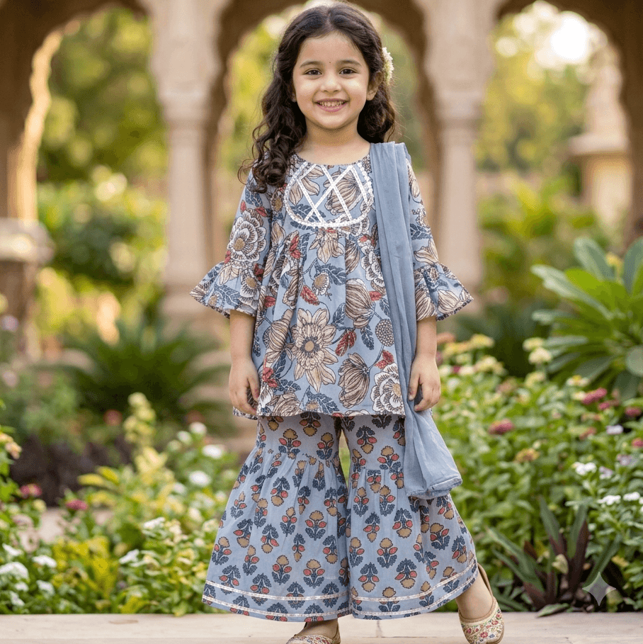 Cuddly Cubs Blue Cotton Kurti & Sharara Set for Girls - Formal/Partywear, All Season, Half Sleeves, Round Neck