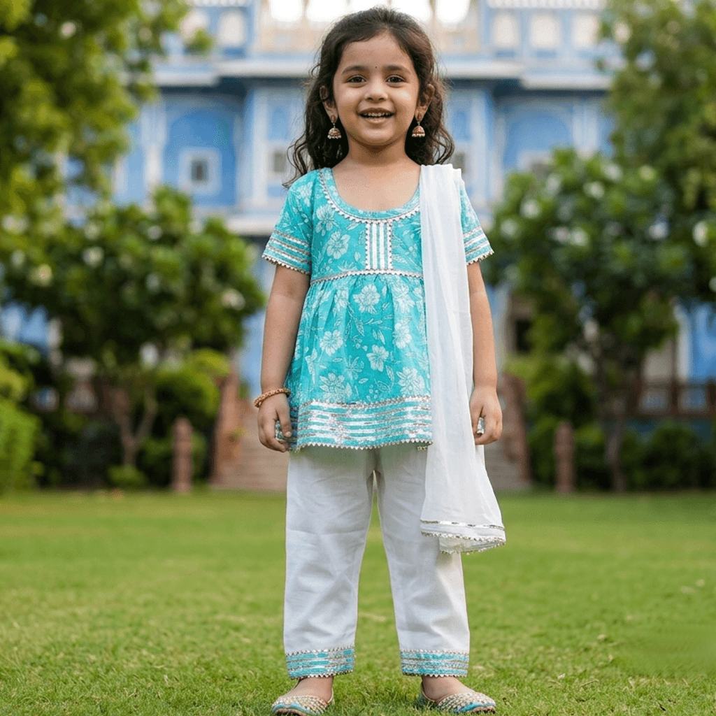 Cuddly Cubs Girls Light Blue Cotton Kurti & Churidar Set | Half Slevees Round Neck | Slip-On Closure | Full Length Churidar | Mid Rise | Regular Fit | Casual & Partywear