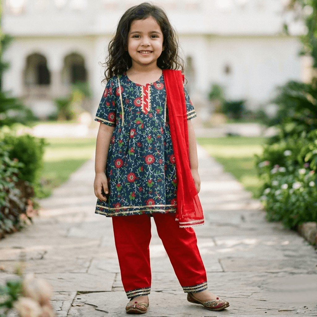 Cuddly Cubs Girls Blue Cotton Kurti & Churidar Set | Half Sleeves Round Neck | Back Button Closure | Full Length Churidar | Mid Rise | Regular Fit | Casual & Daily Wear