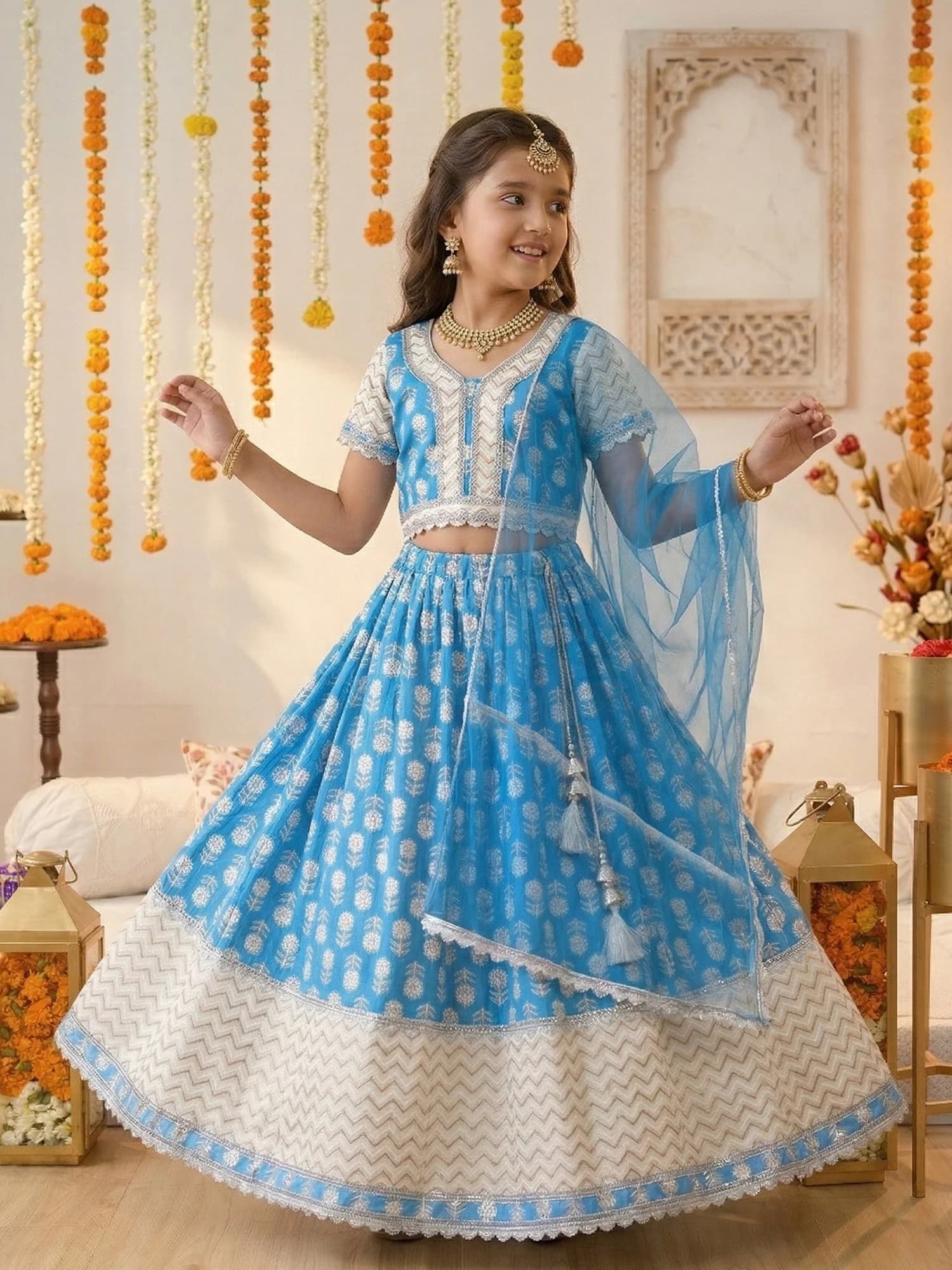 Pspeaches Girls Sky Blue Cotton Lehenga Choli & Dupatta Set for Formal Partywear