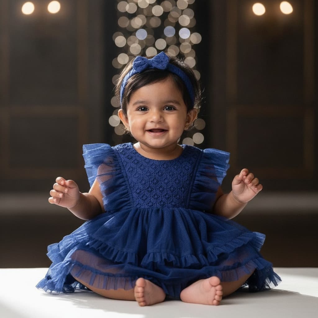 Ben Benny Girls Blue Sleeveless Tulle Partywear Romper with Round Neck & Back Snap Button Closure