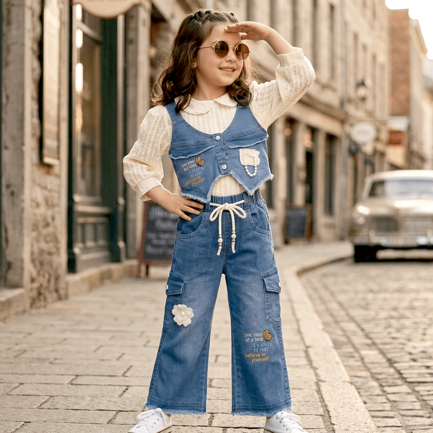 Sweet Bubbly Girls' Casual Blue Cotton Blend Top & Denim Cargo Jeans Set with Peter Pan Collar and Inspirational Text