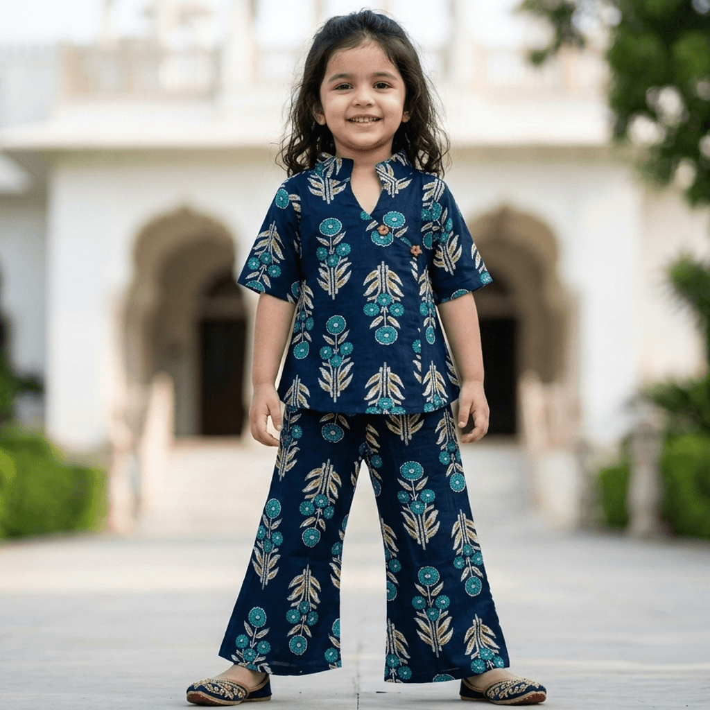 Tiny Threads Girls Blue Cotton Kurta & Palazzo Set | Half Sleeves | V-Neck | Slip-On | Elasticated Waist | Regular Fit | All-Season Partywear