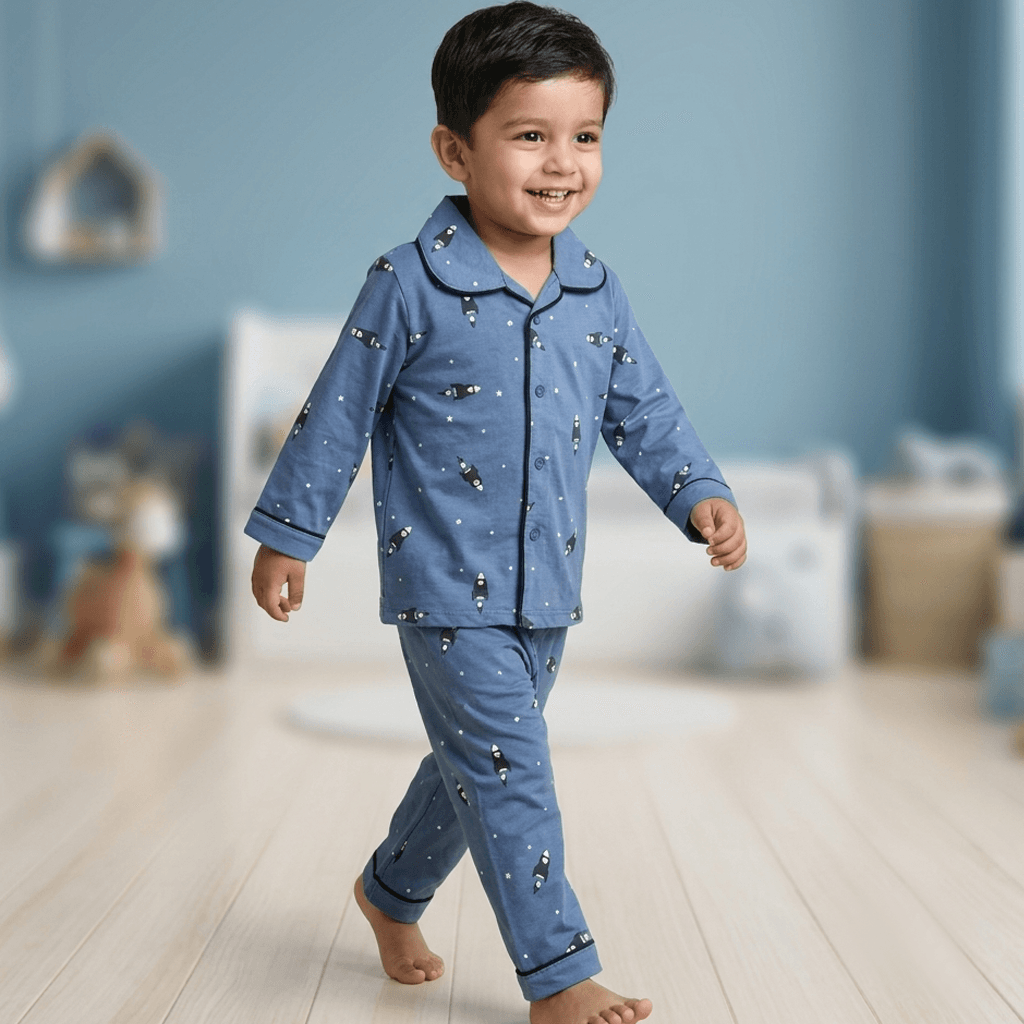 Cute Little Things Boys Blue Cotton Full Sleeves Pyjama Set for All Season Casual Wear