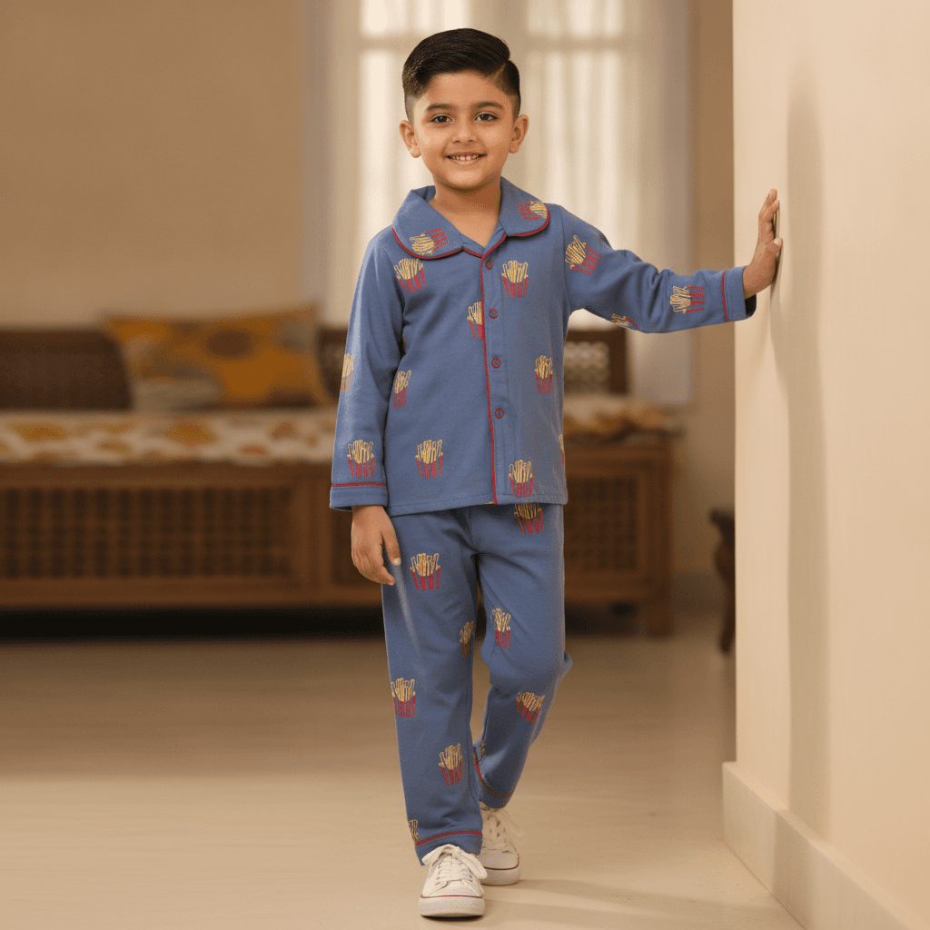 Cute Little Things Boys Blue Cotton Full Sleeves Pyjama Set for All Season Casual Wear