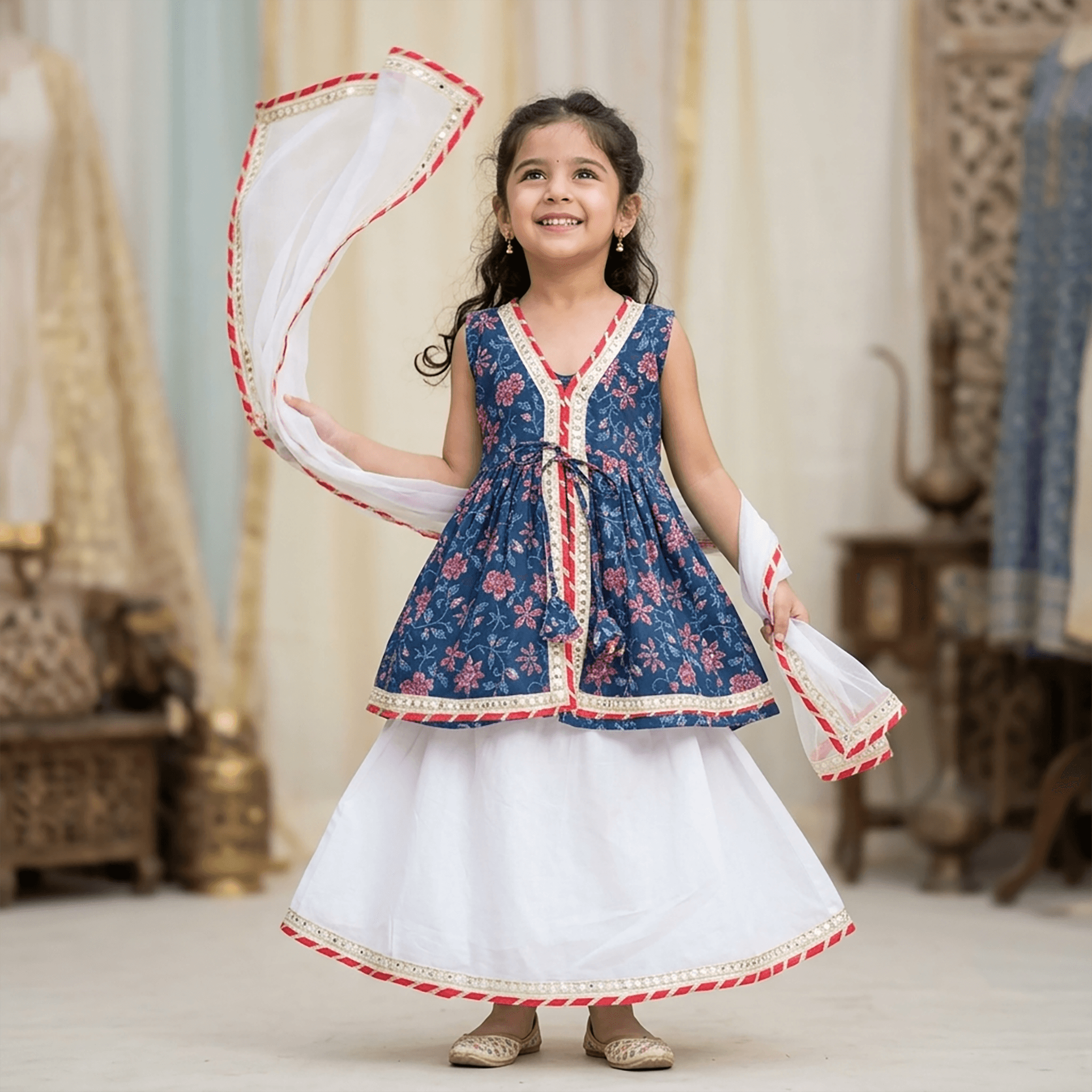 Cuddly Cubs Girls Blue Ethnic Skirt & Kurthi Set | Sleeveless V Neck | Slip-On Closure | Full Length Skirt | Mid Rise | Regular Fit | Ethnic Wear