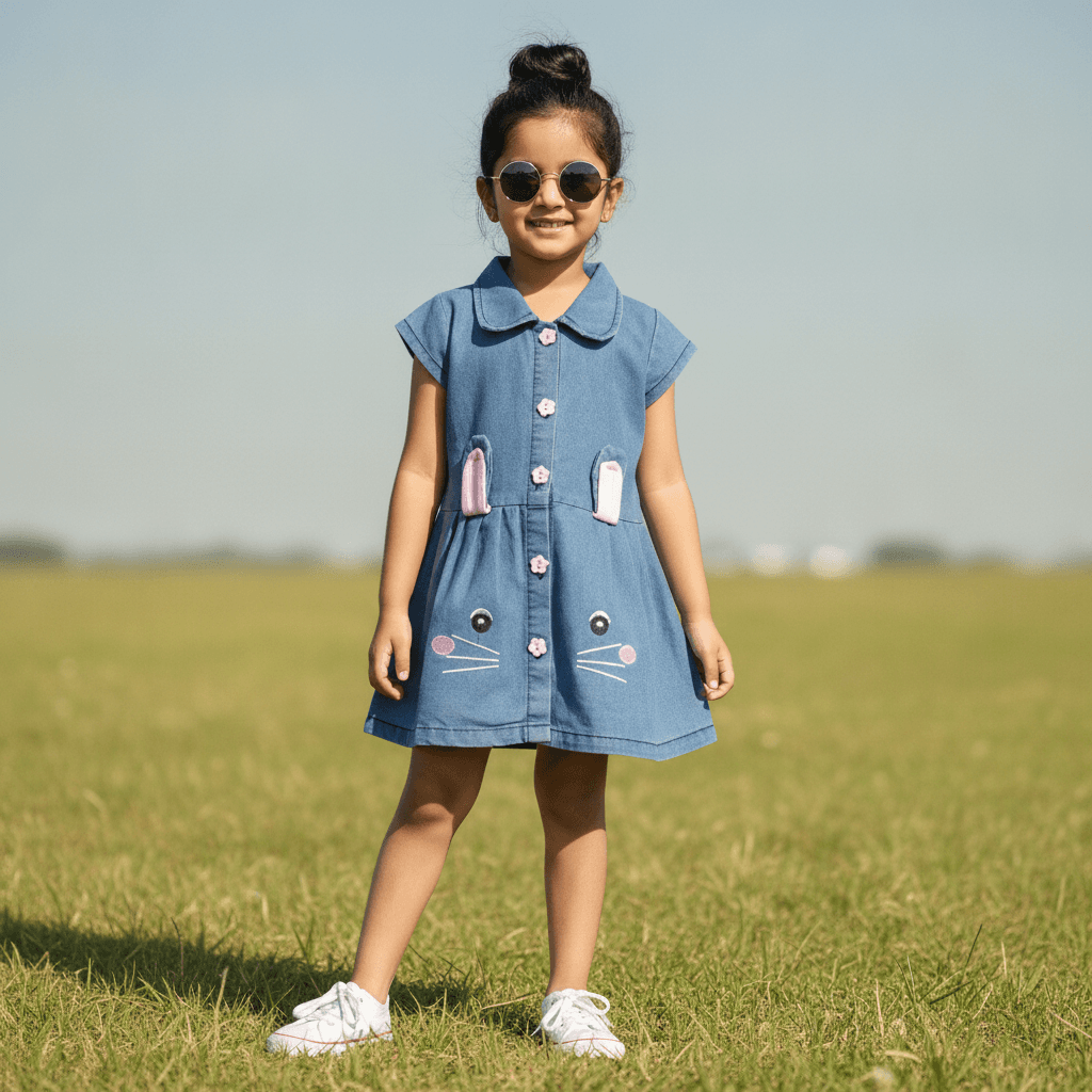 PingPong Girls' Blue Cotton One Piece Dress with Peter Pan Collar for Casual Summer Wear