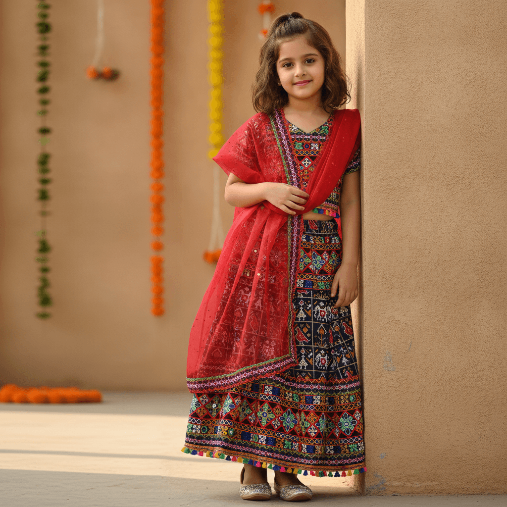 M'Andy Blue Cotton Blend Lehenga Choli for Girls - Formal/Partywear, All Season, Short Sleeve, V Neck